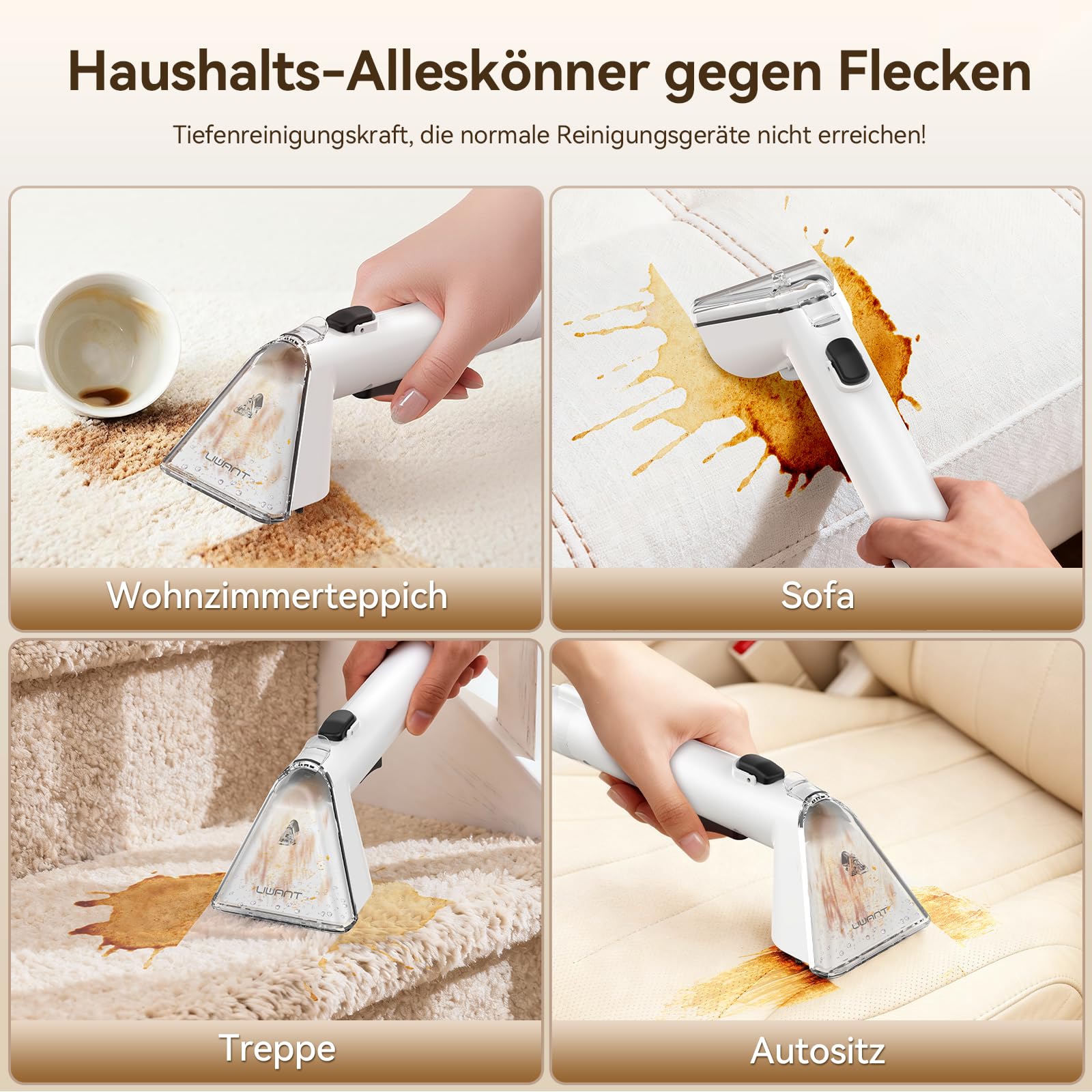 Uwant Y100 Steam Polsterreiniger Gerät, 3-in-1 Nasssauger für Sofa, Teppich und Auto mit 18KPA, 100°C Heißdampf, 65°C Heißwasser, Kaltwasser. Selbstreinigung, Multi-Bürstenkopf & 500ml Teppichreiniger