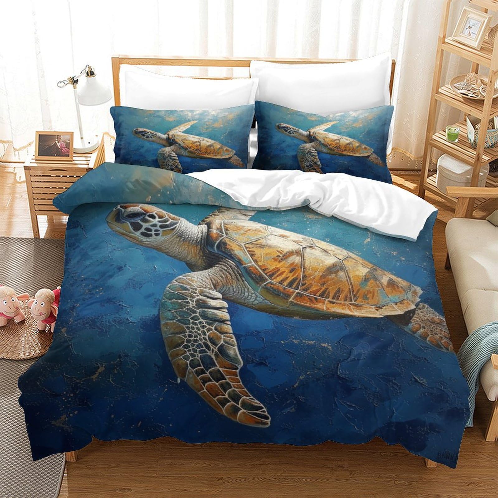 P1s9u7w5y Sea Turtle-4 Ocean Inspired 3D Printed Turtle Duvet Cover Set 3Pcs Microfiber Sea Turtle Bedding Set Double（200X200cm）