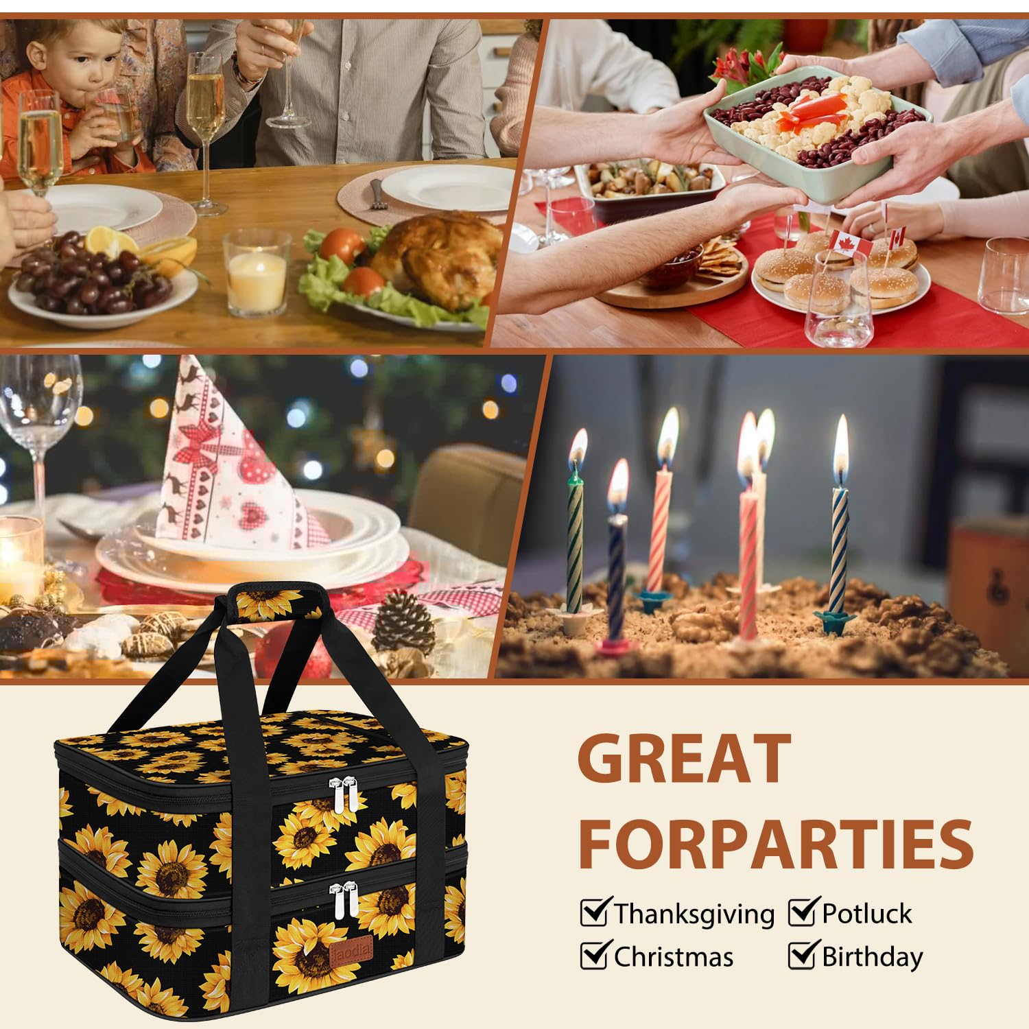 Bolsa de transporte de doble cacerola, bolsa de transporte térmica expandible para alimentos fríos o calientes para picnic, cocinas, fiestas de comida, se adapta a bandeja de hornear de 9 x 13