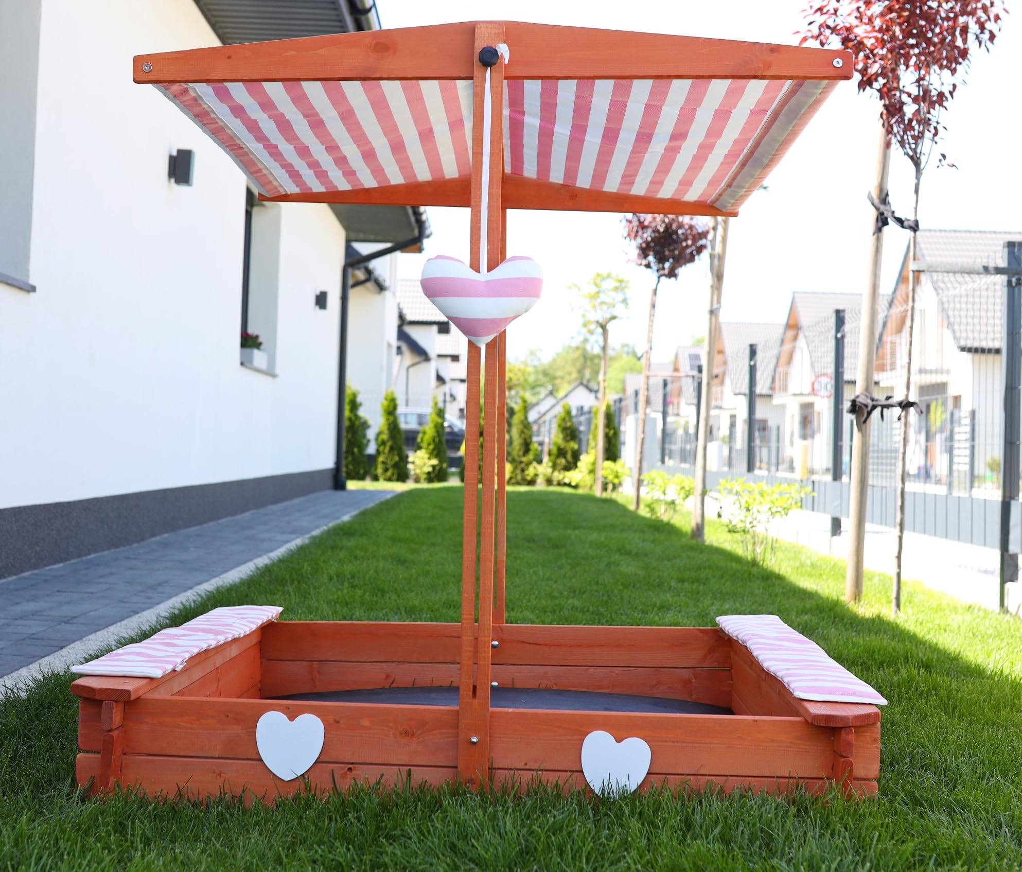 Sandkasten mit wasserdichtem Dach 120x120x120cm Naturholz Fichtenholz UV-Schutz + weiche Sitzkissen, Kantenschutz Vliesboden Sandspielzeug für Kinder (Rosa)