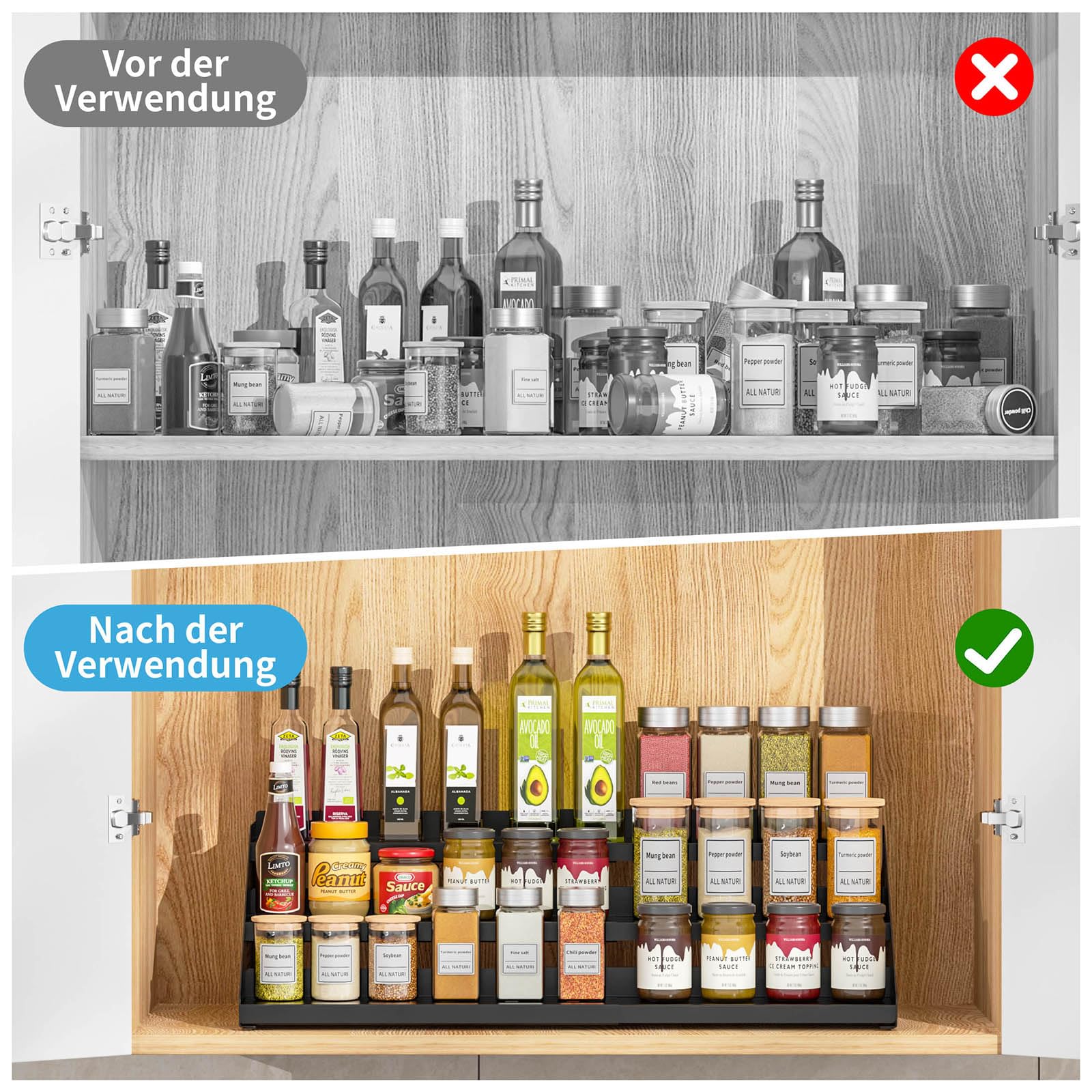 Gewürzregal mit 3 Ebenen, Küchenregal-Organizer, Gewürze Organizer, Erweiterbar Metall Schrank-Organizer Küche von 34cm bis 55cm, für Arbeitsplatte, Küche, Esszimmer-schwarz