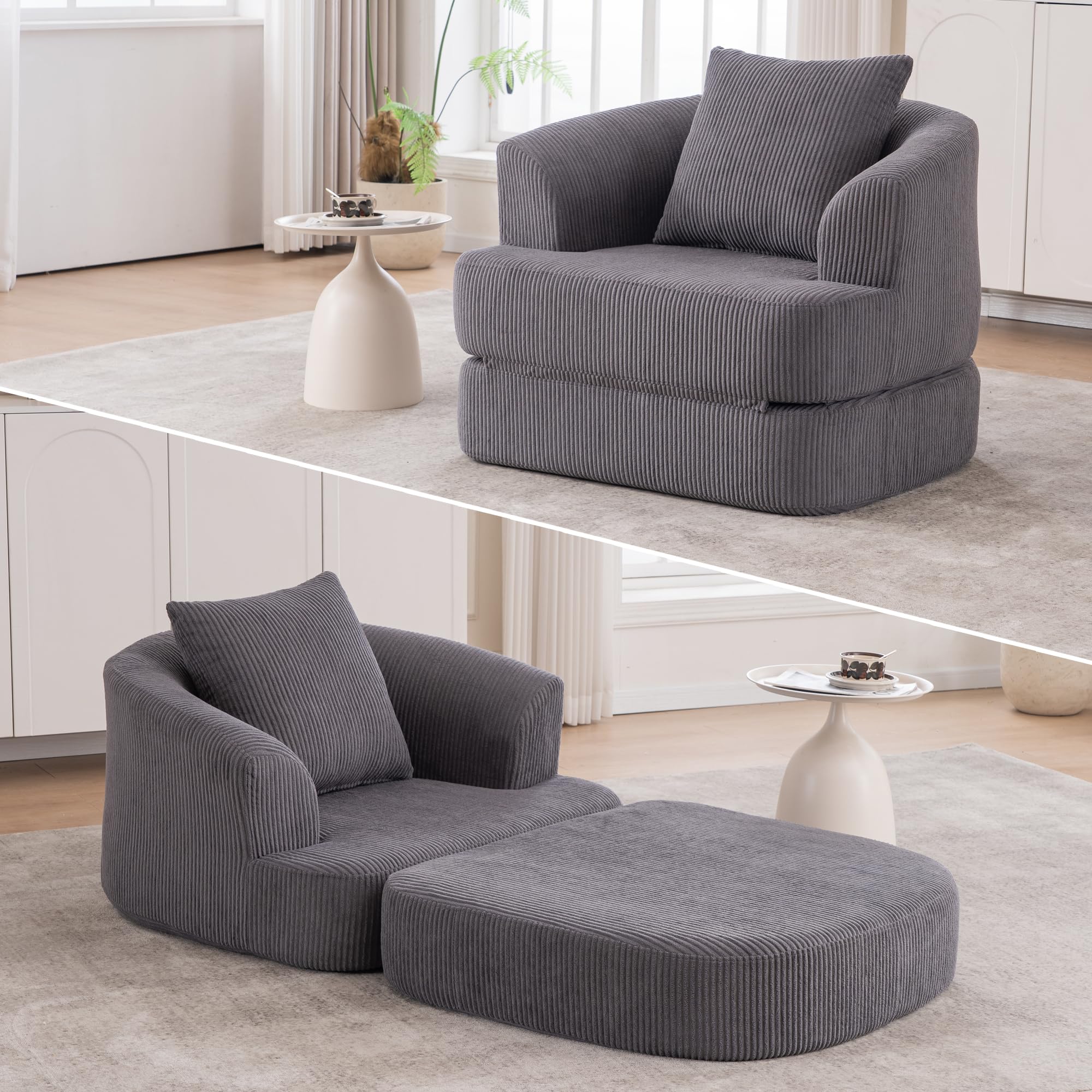 Small Folding Sofa Bed – 41" Corduroy Sleeper Chair with Back Support and Pillow, Compact for Living Room, Bedroom, Home Office, Apartment (Grey)