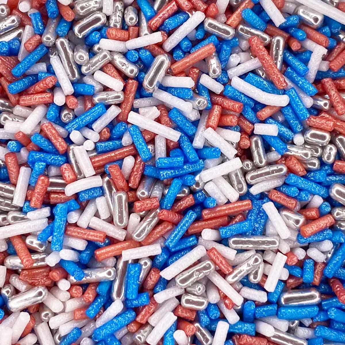 A Pinch Of … Twinkle Strands – Red, White, Blue and Silver - Mini Pouch - 25g. Part of our Great British Range, a beautiful sparkly mix. Just enough for a single bake (Twinkle RWB)