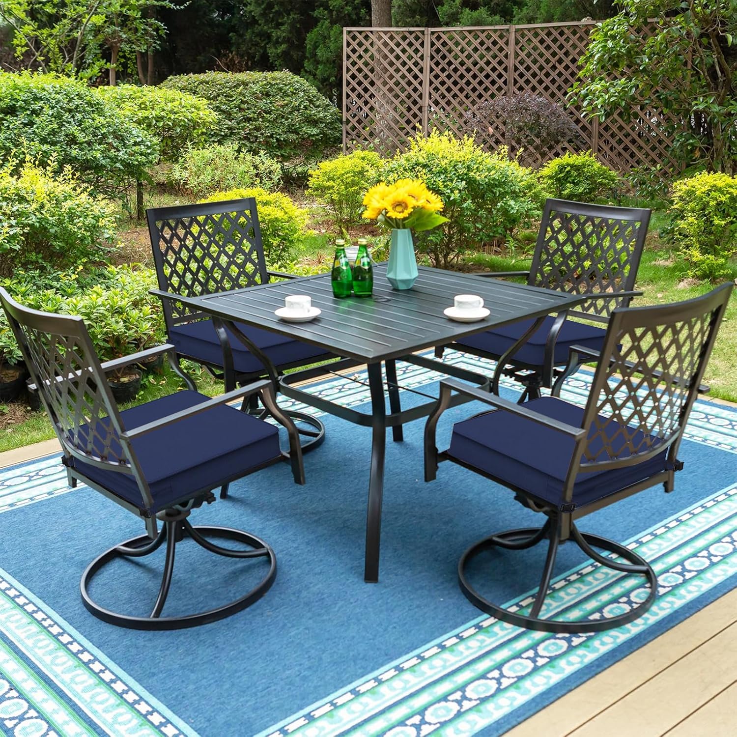Navy Blue Foam Square Outdoor Dining Chair Cushions Set of 2