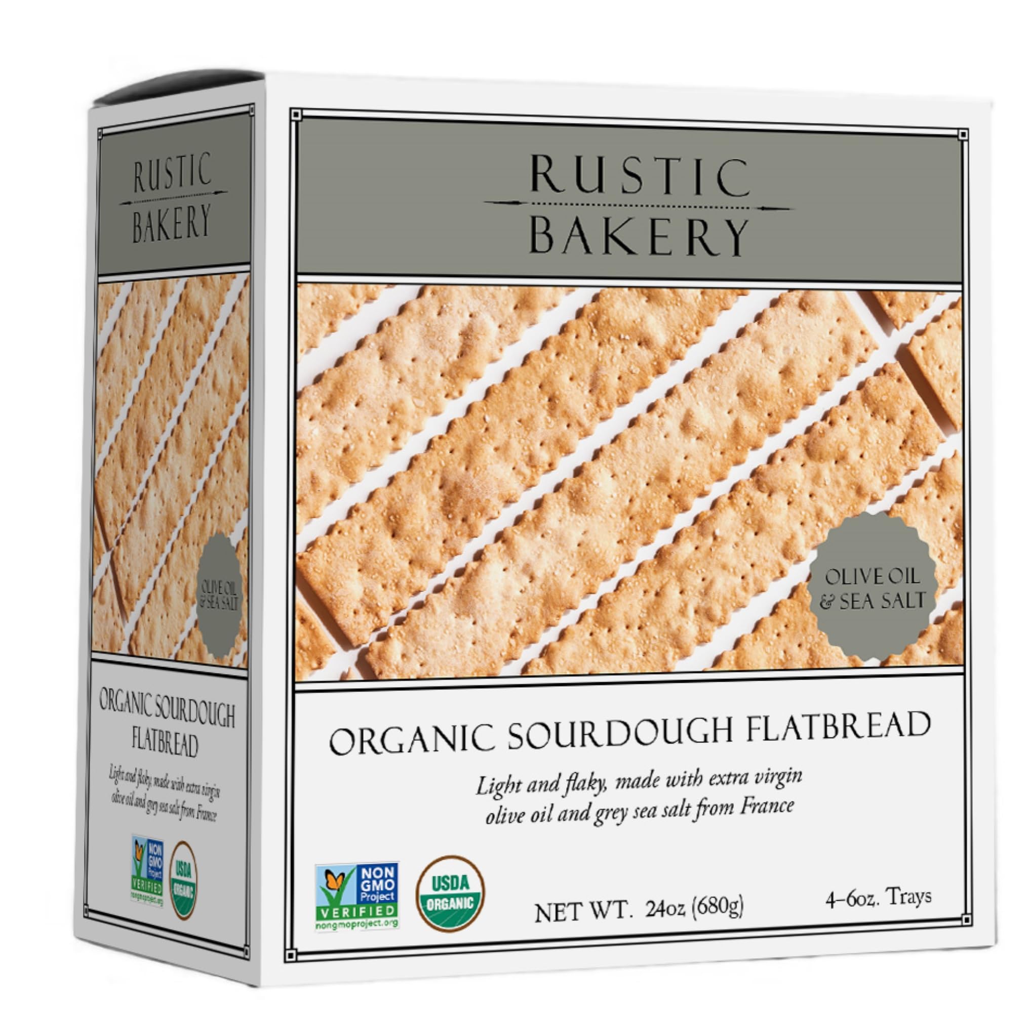 Rustic Bakery Handmade Sourdough Flatbread - Olive Oil & Sel Gris - Sea Salt Charcuterie Crackers - Artisan Crackers for Cheese Platter or Snacking - Made in California - Pack of 4, 6 Oz TraysUSDA Organic