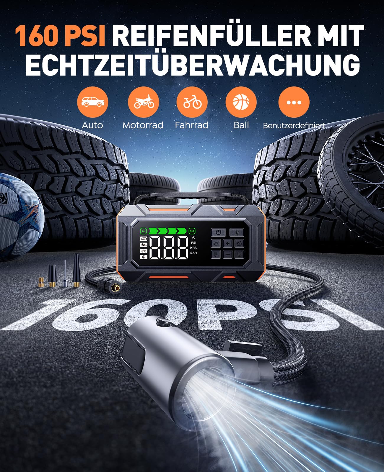 14-In-1 8000A Starthilfe Powerbank für Pkw mit Kompressor 160PSI, 26800mAh Auto Starthilfe mit Notfall Kit, Starter Powerbank für All Benzin/12L Diesel, 5 LED-Licht, Reifenreparaturset, Notfallhammer