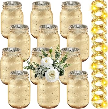 Tioncy 12 Pcs Painted Mason Jars for Table Glass Decorative Jars with 12 Light Strings for DIY, Wedding, Graduation, Bridal Shower, Housewarming, Home Decoration Gold