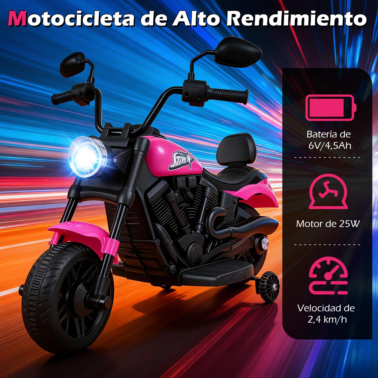 COSTWAY Moto Eléctrica para Niños, 6V Motocicleta de Batería con Faro LED, Música, 2 Ruedas de Entrenamiento, Pedales y 2 Espejos Retrovisores, Moto Infantil para Niños de 18+ Meses (Rosa)