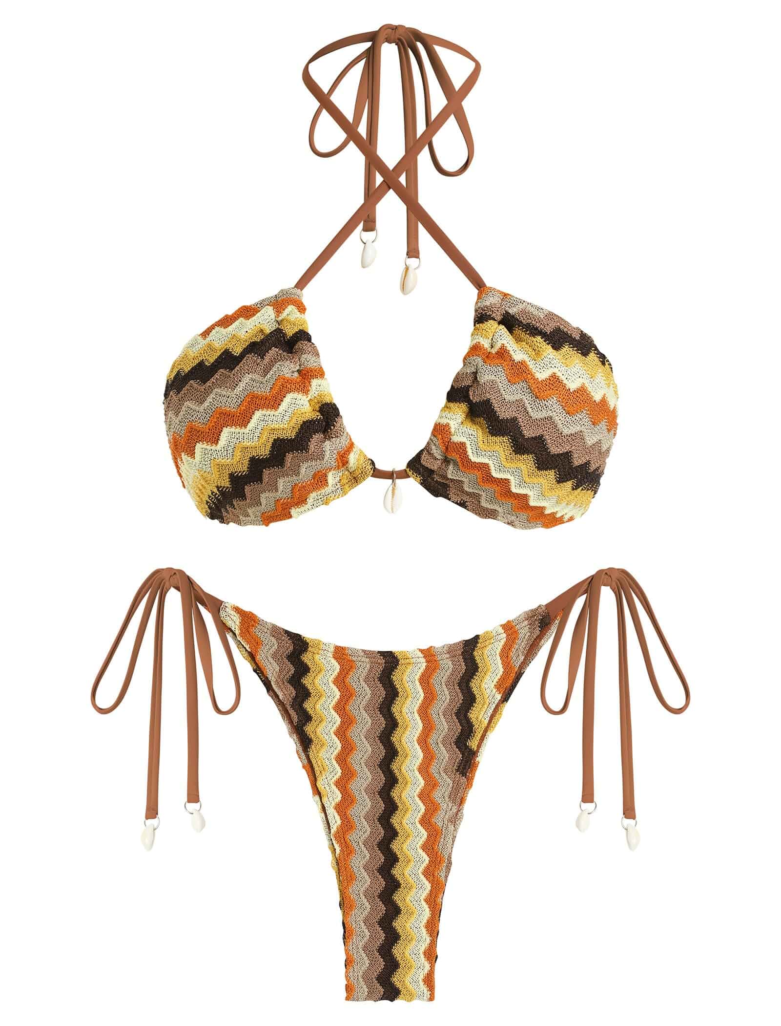 ZAFUL Women's Bikini Set Fishnet Triangle Tie Convertible Collar Halter Bandeau Shell Two Piece Bathing Suit