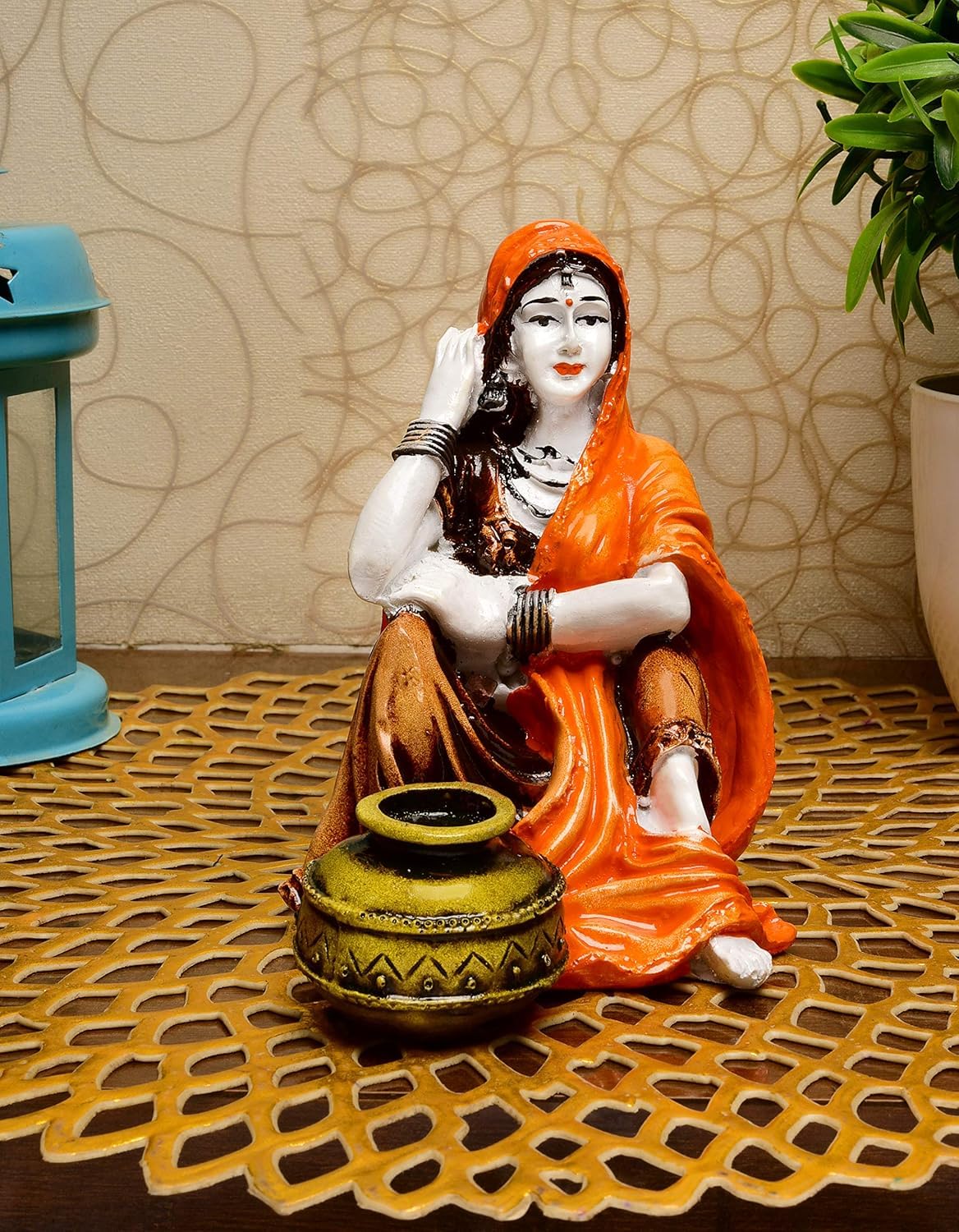 Karigaari Handcrafted Rajasthani Lady with Water Matka Showpiece Polyresine Showpiece for Home Decor