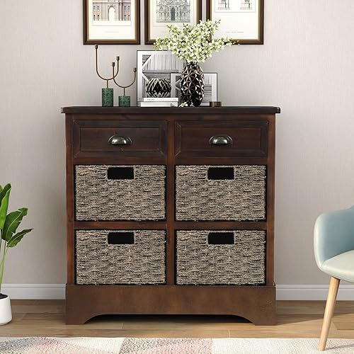 Harper & Bright Designs Storage Cabinet, Rustic Storage Cabinet with Two Drawers and Four Classic Fabric Basket for Kitchen/Dining Room/Entryway/Living Room, Accent Furniture, Espresso