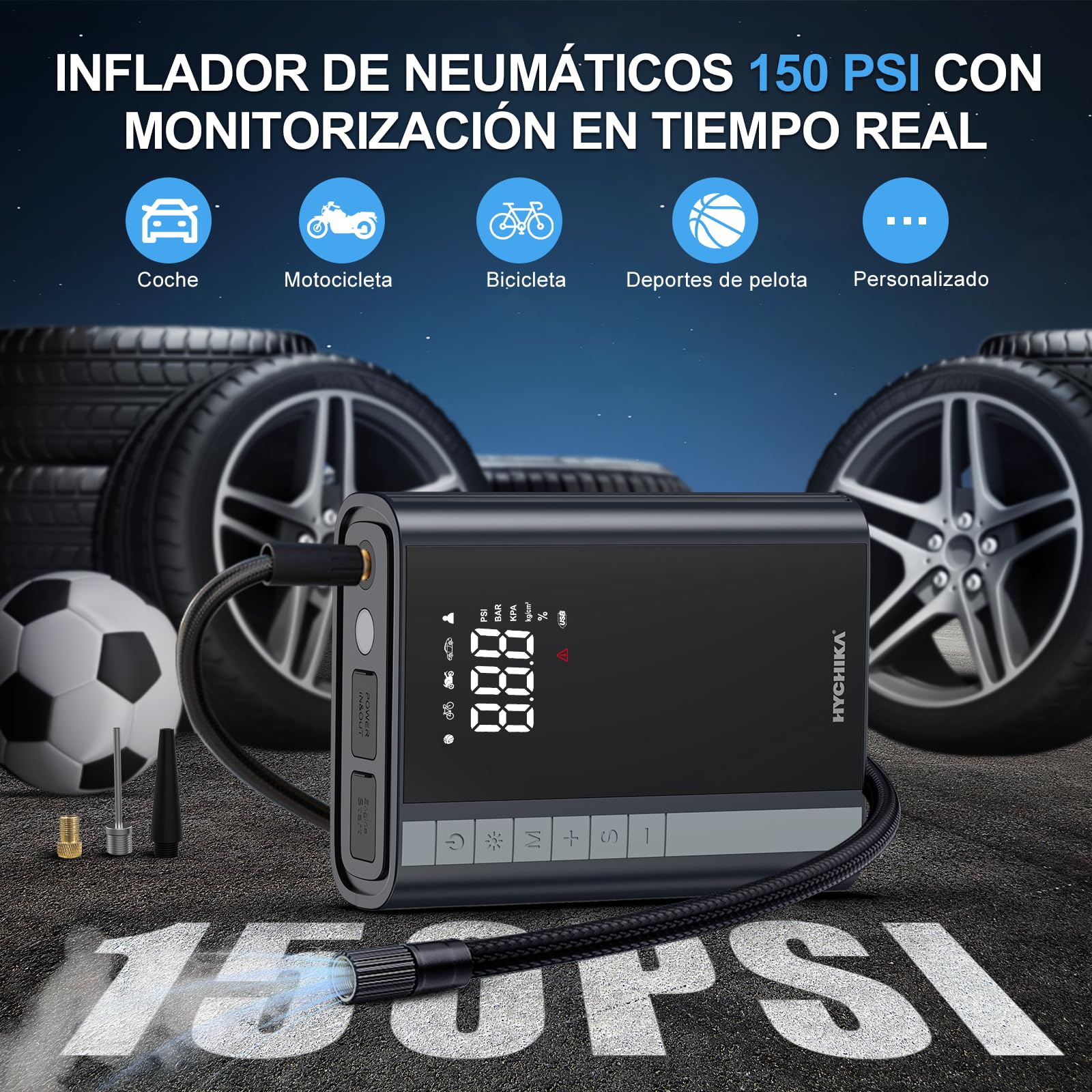 HYCHIKA Arrancador de Coches - Arrancador de Baterias de Coche con Compresor de Aire Carga Rápida/Luz LED de 600 lúmenes(para 6L Gas o 4L Diesel) 1500A 12V Jump Starter