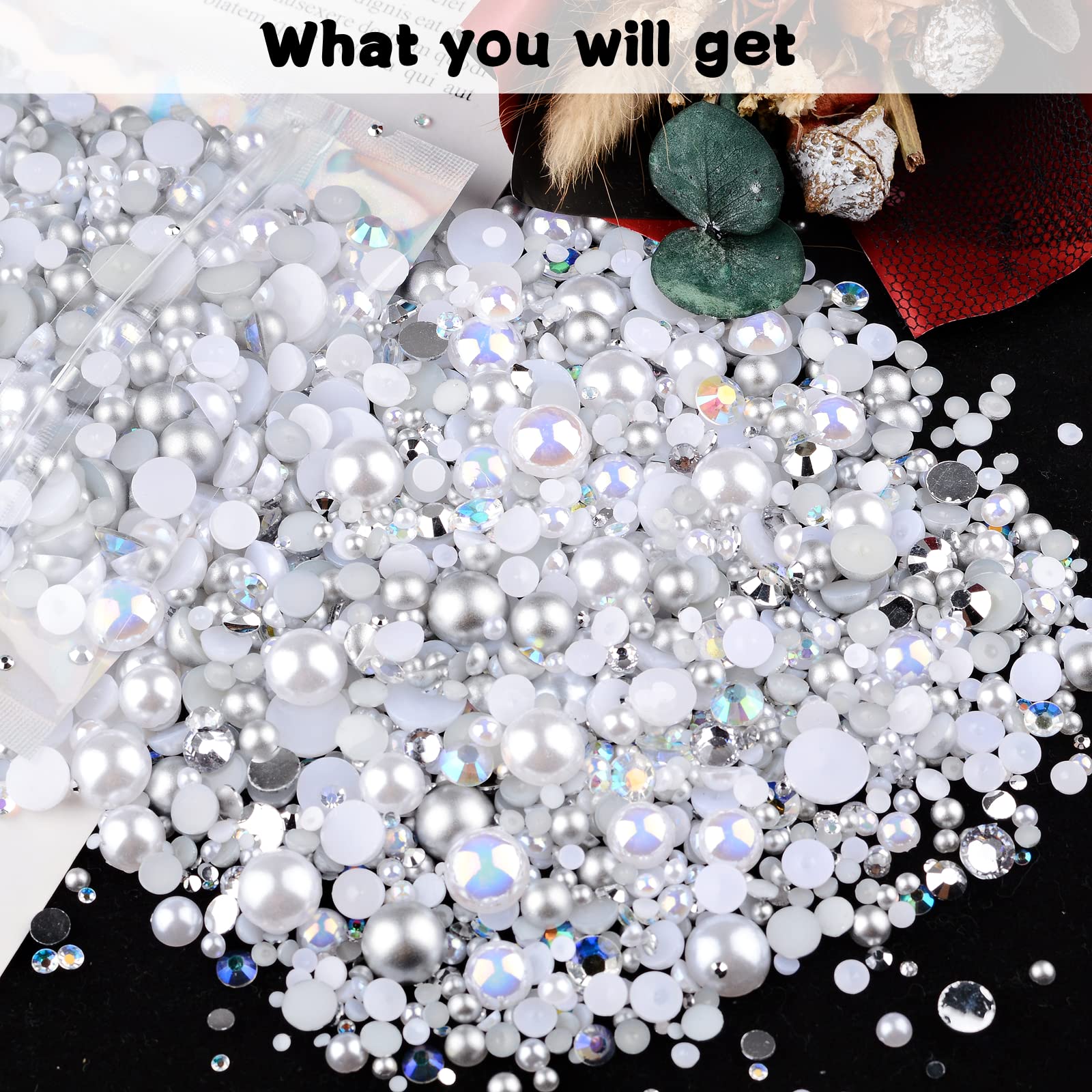 75 g Mieszanka żywicy z perłami kryształowymi, 3-10 mm połowa pereł i 2-6 mm płaskie cyrkonie do zdobienia paznokci buty ubrania kubki, scrapbooking, rękodzieło (białe)