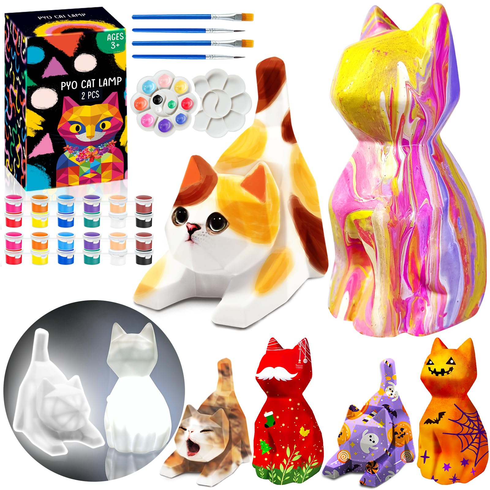 FUNZBO 2pcs Paint Your Own Cat Lamp Kit - Arts and Crafts Supplies Kitten Painting Kits for Kid Teen, DIY Night Light Toy for Toddlers Girl Boy Age 3 4 5 6 7 8 9 10 11 12 13 + Christmas Birthday Gifts