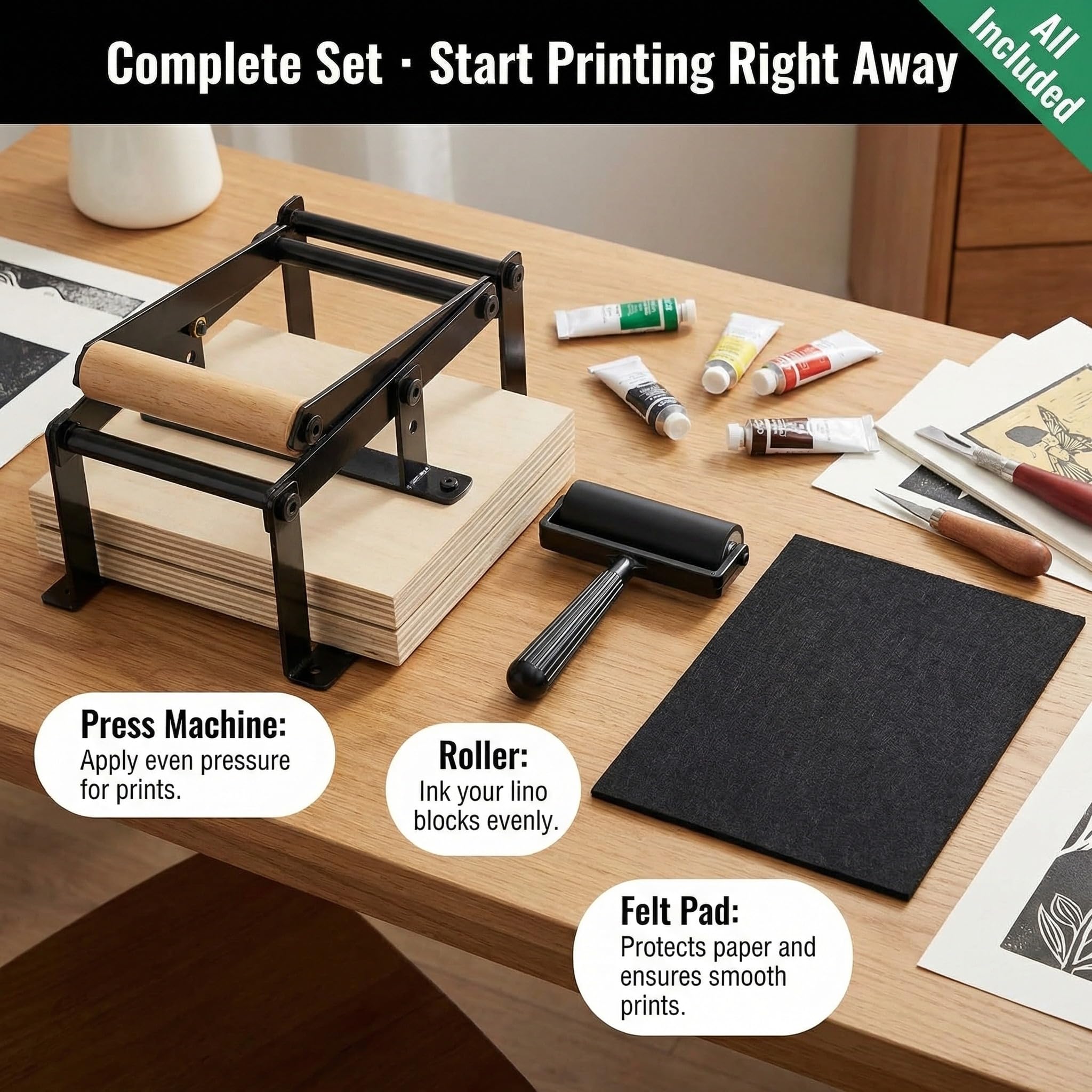 Macchina da stampa a leva manuale Linocut con rulli e feltrini per tagli di linoleum, taglio stampa, blocchi di linoleum, kit di strumenti per la stampa a blocchi di legno, nero A5