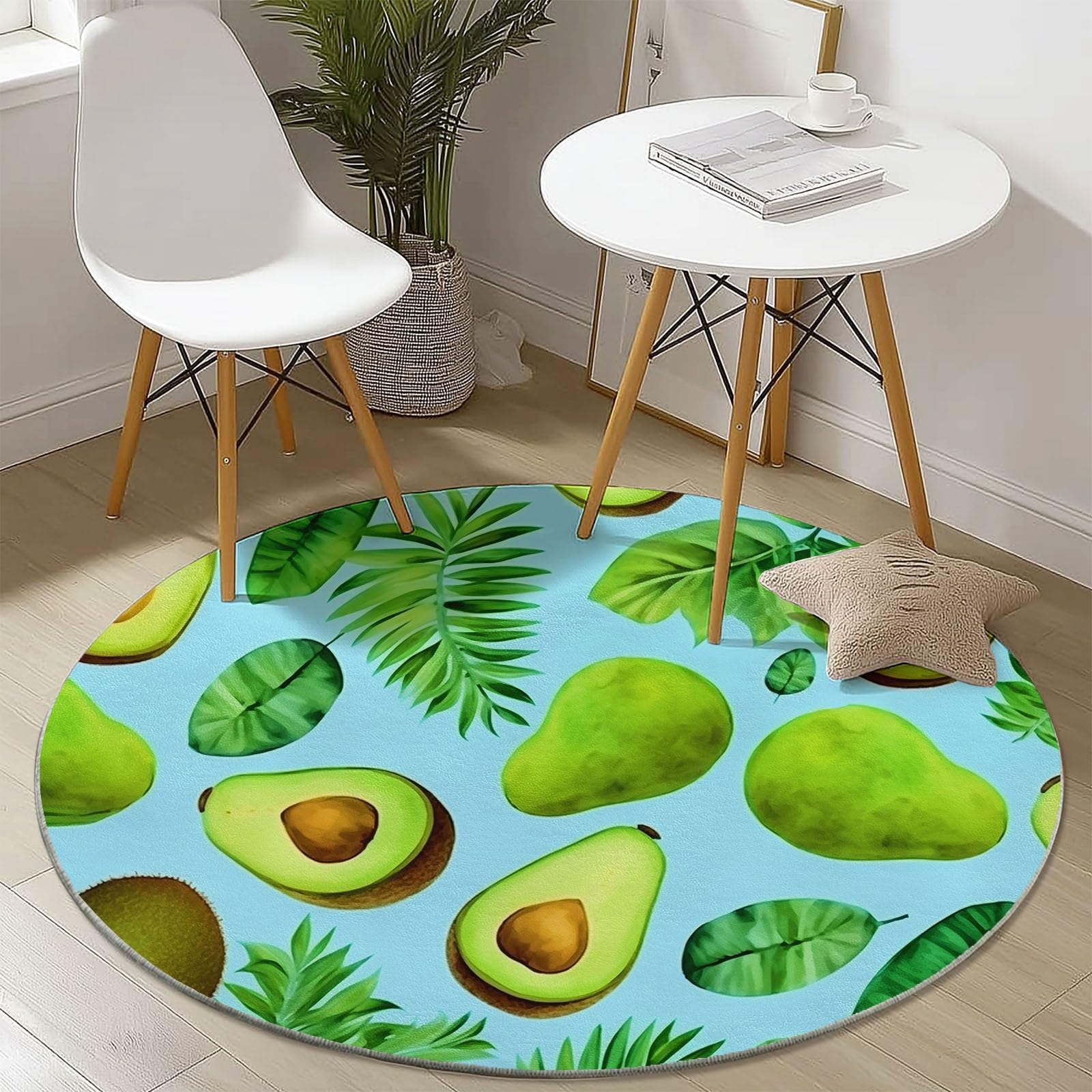 Tappeto Rotondo da 120 cm a Pelo Corto, con Motivo ad Acquerello di Foglie di Avocado, Antiscivolo e Anti-Perdita di Pelo, Ideale per Soggiorno, Camera da Letto, cameretta dei BAMB
