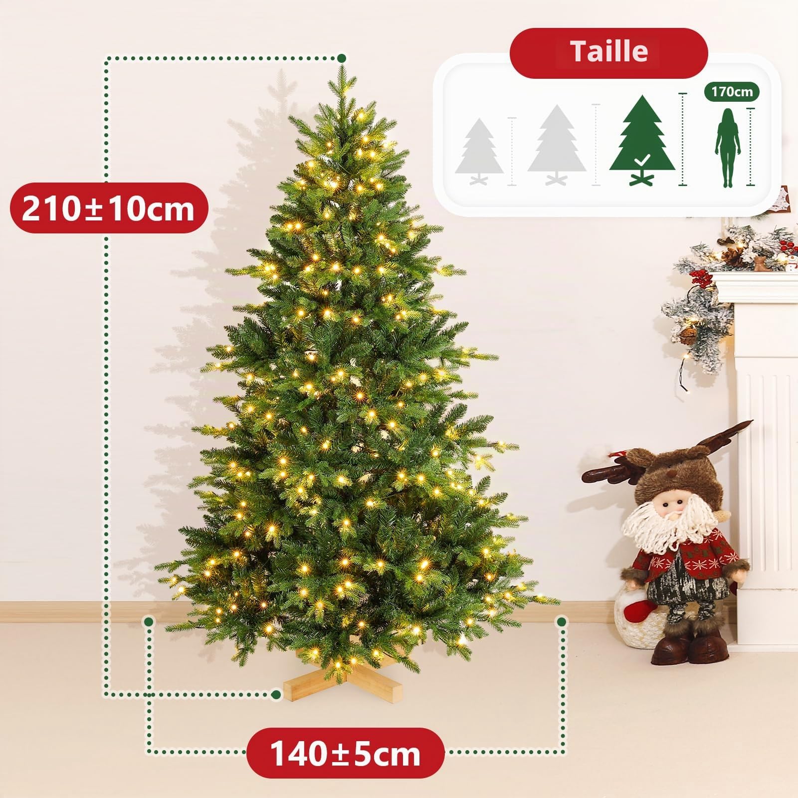 Yorbay Sapin de Noël Artificiel Nordmann avec éclairage LED Sapin avec Support en Bois pour décoration de Noël, en PE et PVC, réutilisable (210 cm)