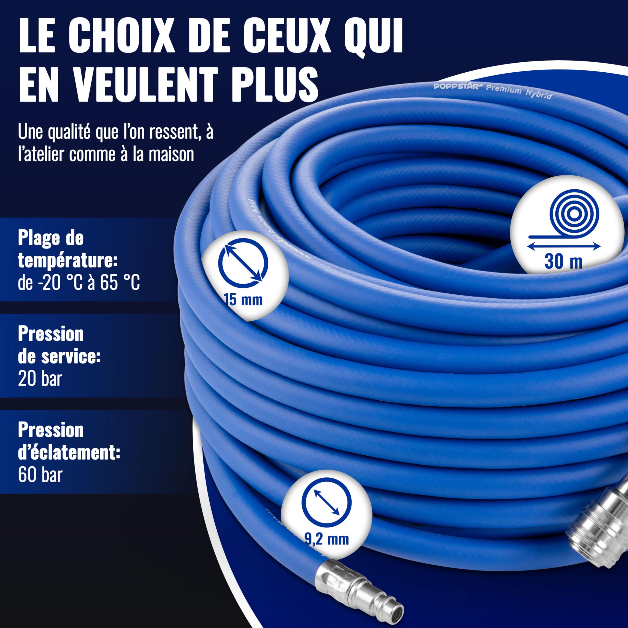 Poppstar Tuyau d'air comprimé de 30 m pour compresseur (en PVC hybride avec garniture, Diametre interieure 9,2mm avec raccord rapide standard), jusqu'à 20 bar, bleu