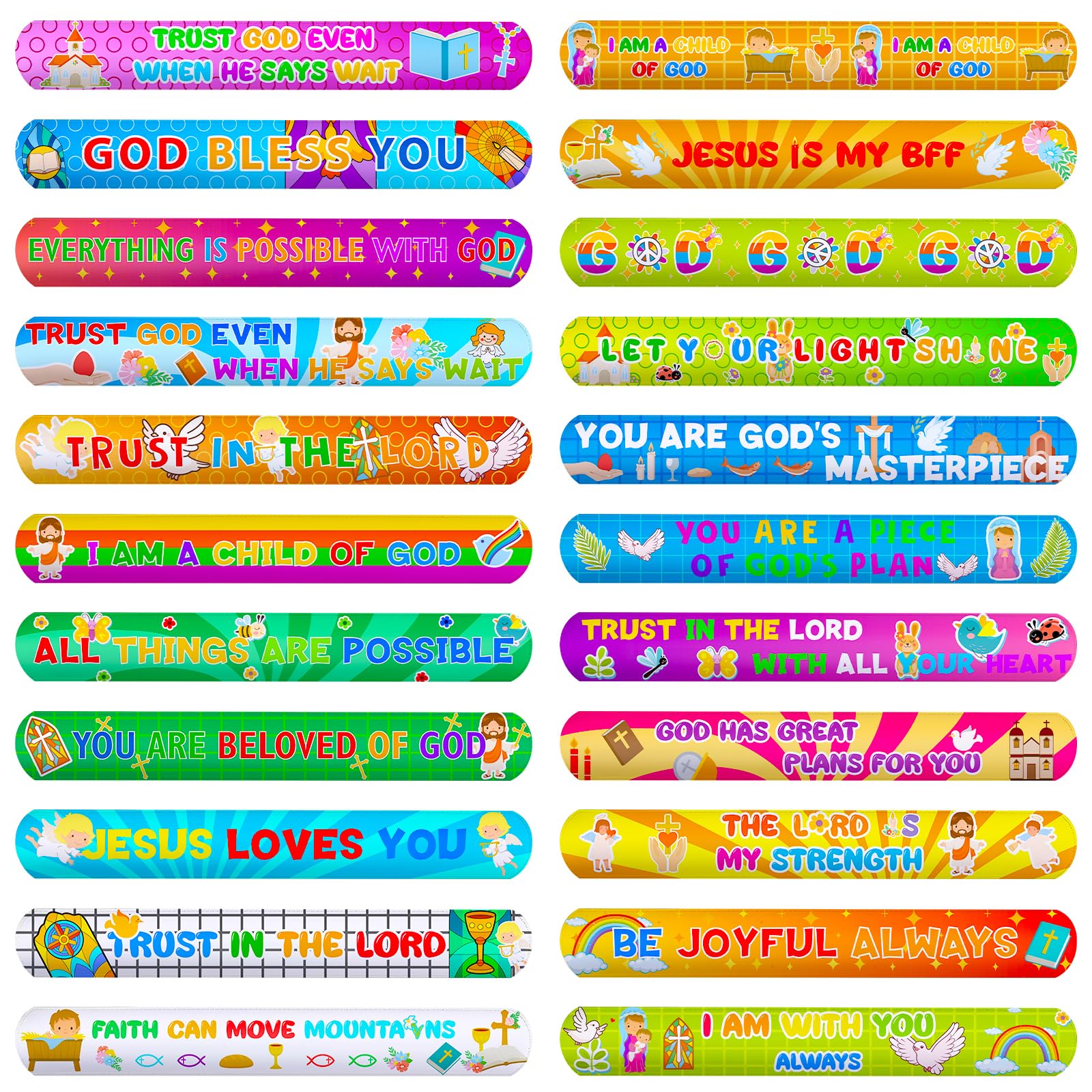 MCPINKY 64PCS Christian Slap Bracelets, Bible Verses Religious Slap Bracelets Snap Wristbands for Kids Sunday School Gifts Classroom Prizes