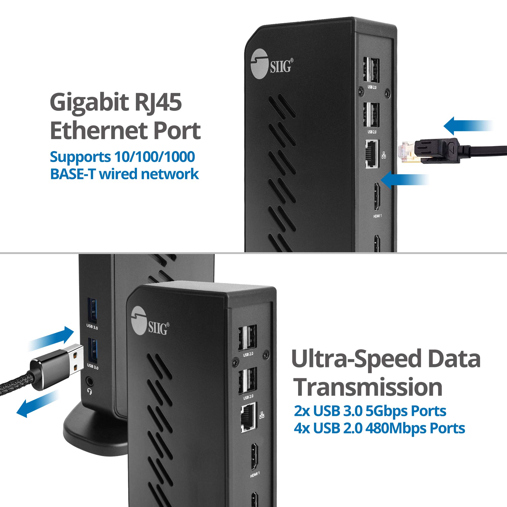 SIIG Estación de acoplamiento de video HDMI de doble cabezal 1080p, portátil USB 3.0, dos pantallas de 1080p, 2 puertos USB 3.0, 4 puertos USB 2.0, Gigabit Ethernet, auriculares de 3.5 mm, para