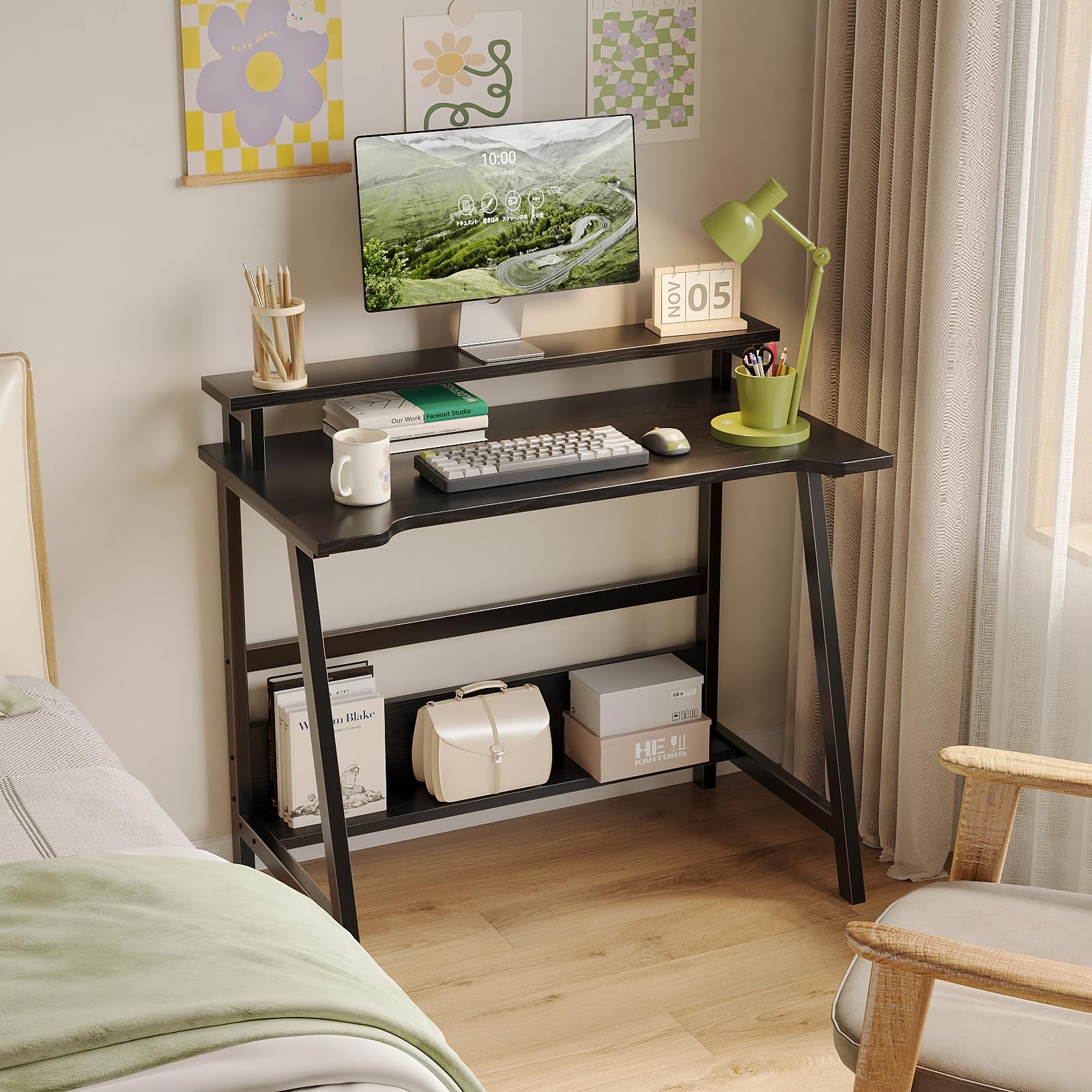 MIN WIN Schreibtisch mit Monitorständer, Kleiner Computertisch mit Stauraum, Bürotisch für Home Office, kleine Räume, Schlafzimmerb, 80 x 50 x 86.5 cm