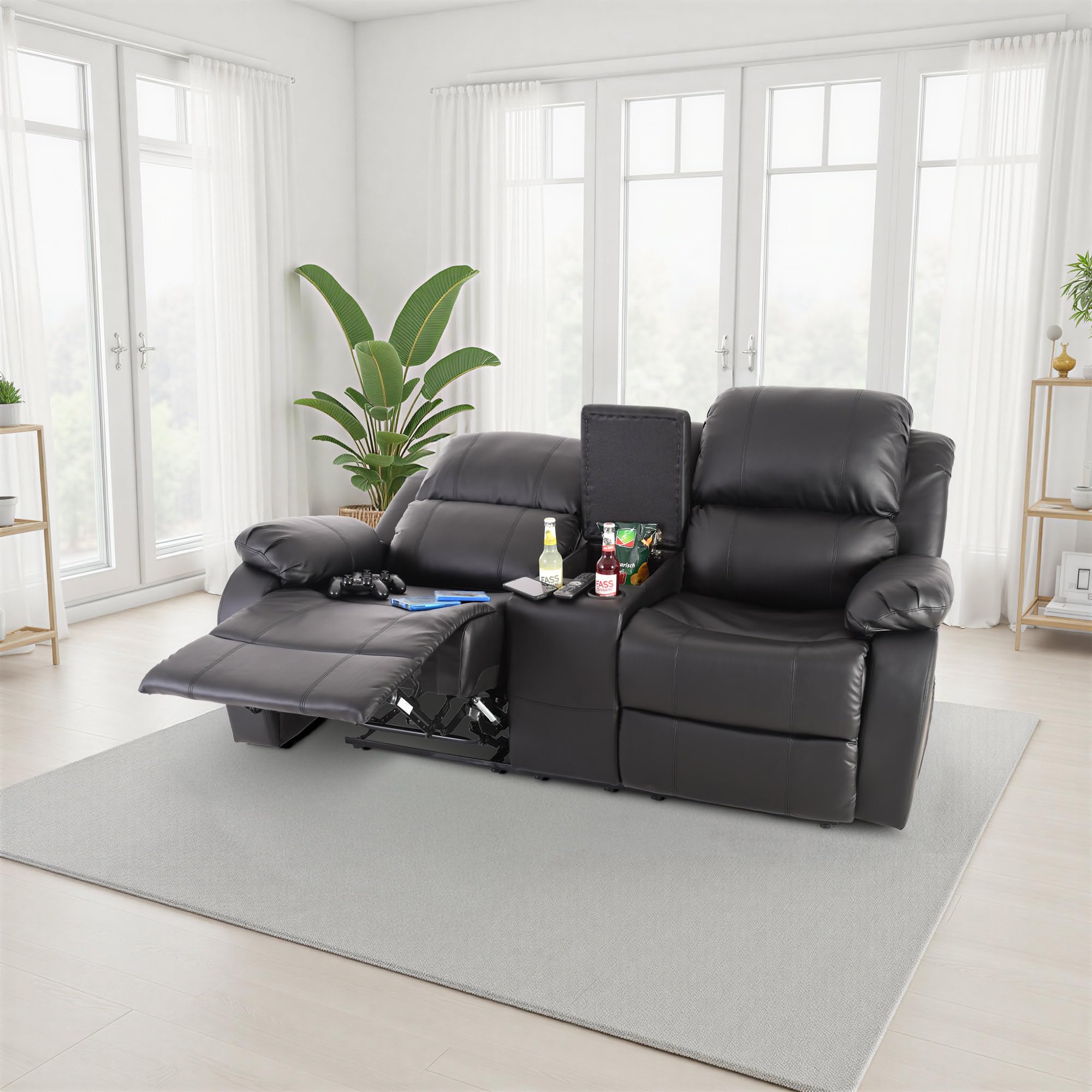 Raburg Kinosessel, 2er-Fernsehsessel, mechanische Relax- und Liegefunktion, manuelle Easy-Lift-Funktion, 2× Getränkehalter & Snackfach, Komfortpolsterung, 120 kg Tragkraft, Star, Kunstleder|Schwarz
