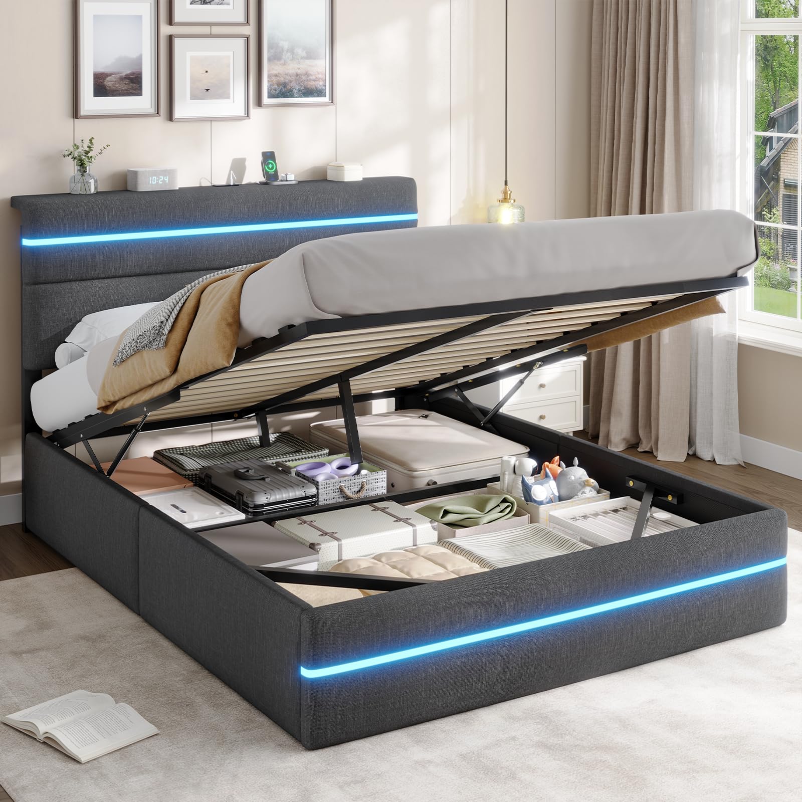 AOGLLATI Bett 140x200 mit Hydraulischem Stauraum, Polsterbett Doppelbett mit LED-Kopfteil & Ladestation (3 USB + 1 Type-C), Jugendbett mit Lattenrost,Boxspringbett, Dunkelgrau Leinen(ohne Matratze)