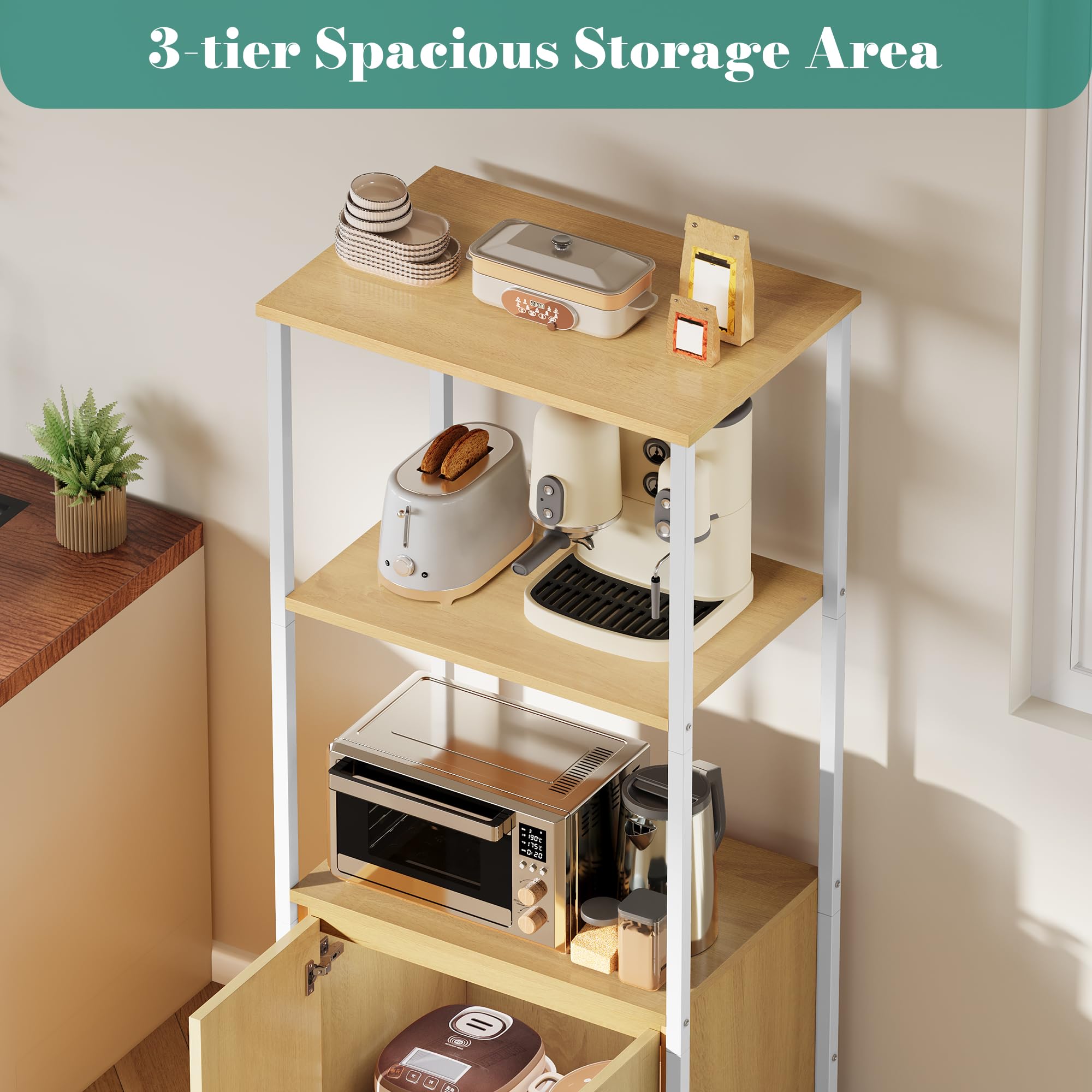 YITAHOME mensole da cucina, mensola per microonde, rack per panettieri per cucine con stoccaggio, stazione bar caffè, stand snack a 3 livelli con armadio, 55,9 x 36,1 x 120,9 cm, tavola di quercia