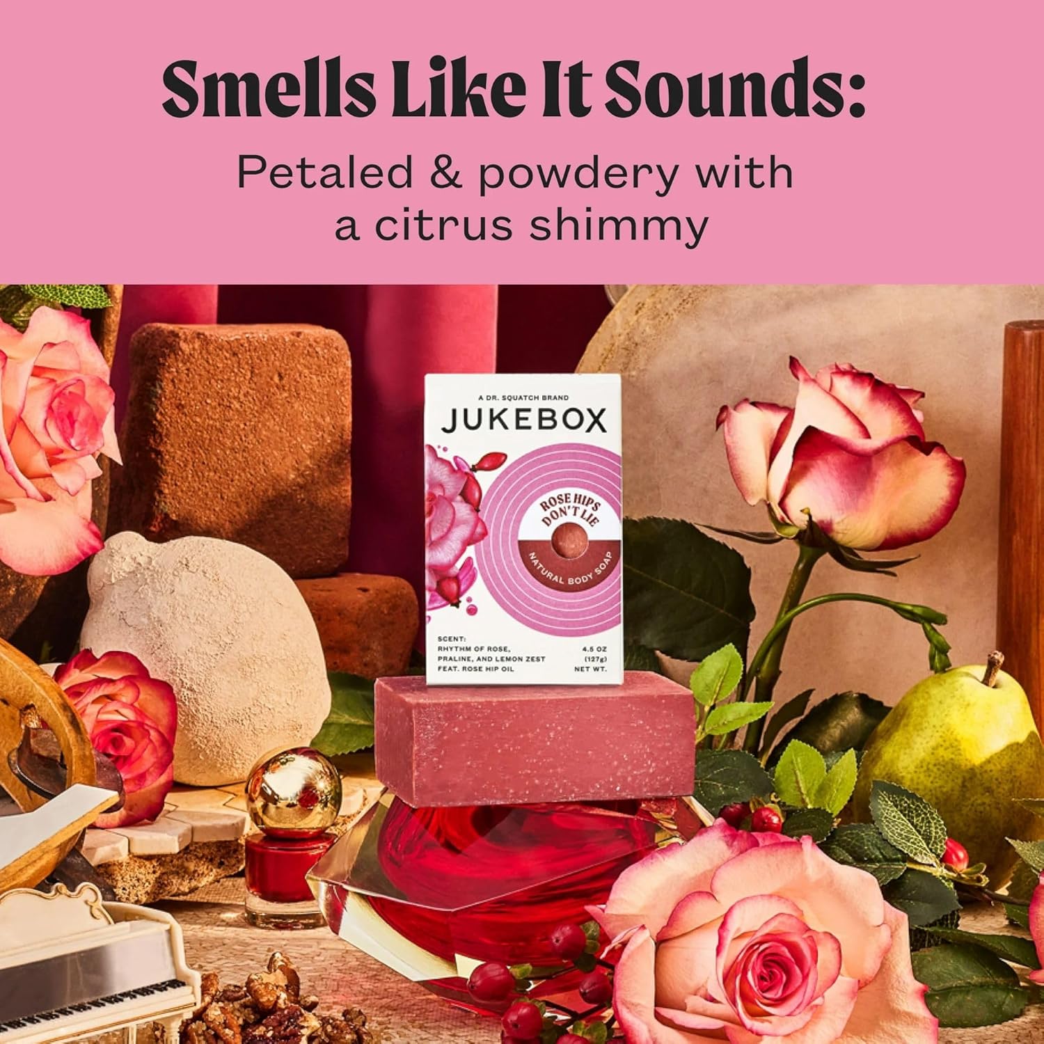 JUKEBOX Soap,Rose Hips Don't Lie Scent, Natural Bar Soap for Women, Cold Process, Bath Soap with No Harmful Ingredients, Created for All Skin Types, Rose, Praline, Lemon Zest-a Dr. Squatch Brand-4.5oz - Image 8