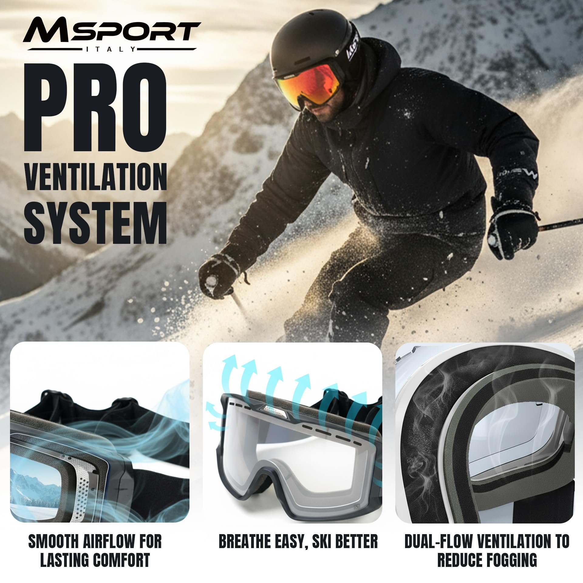 Msport Maschera da Sci e Snowboard REVO HD Vision – Antiappannamento, Protezione UV400, Compatibile con Occhiali da Vista