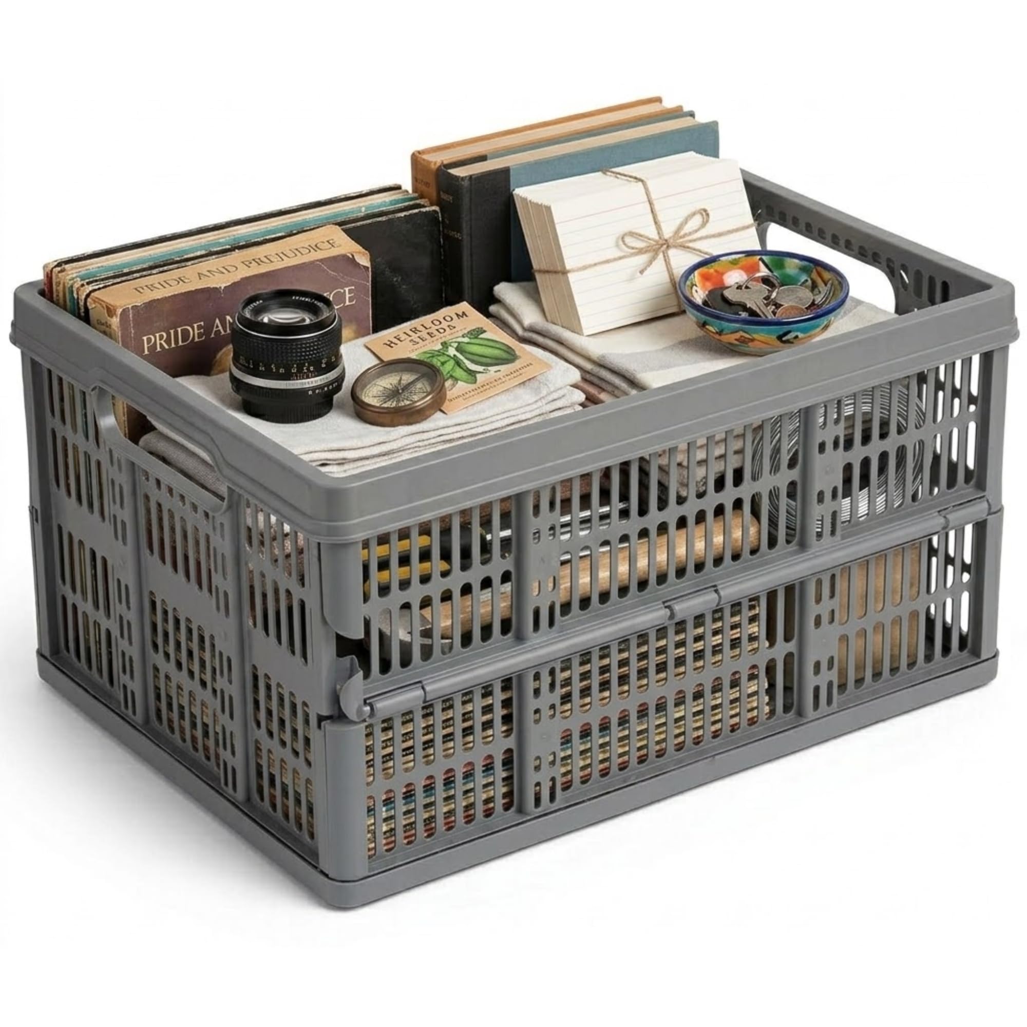 KYY'Z - 32 Litre Folding Collapsible Plastic Storage Crates - Grey Heavy Duty Basket with Handles - Stackable Space Saving Storage Crate for Home & Utility Use 48cm L x 35cm W x 24cm H (1x 32L Grey)