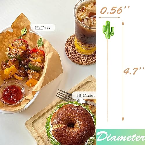 Miniatura 6 de Palillos de cóctel de cactus de bambú para aperitivos, brochetas de frutas de 4.7 pulgadas, palillos de comida tropical verde, 100 unidades por