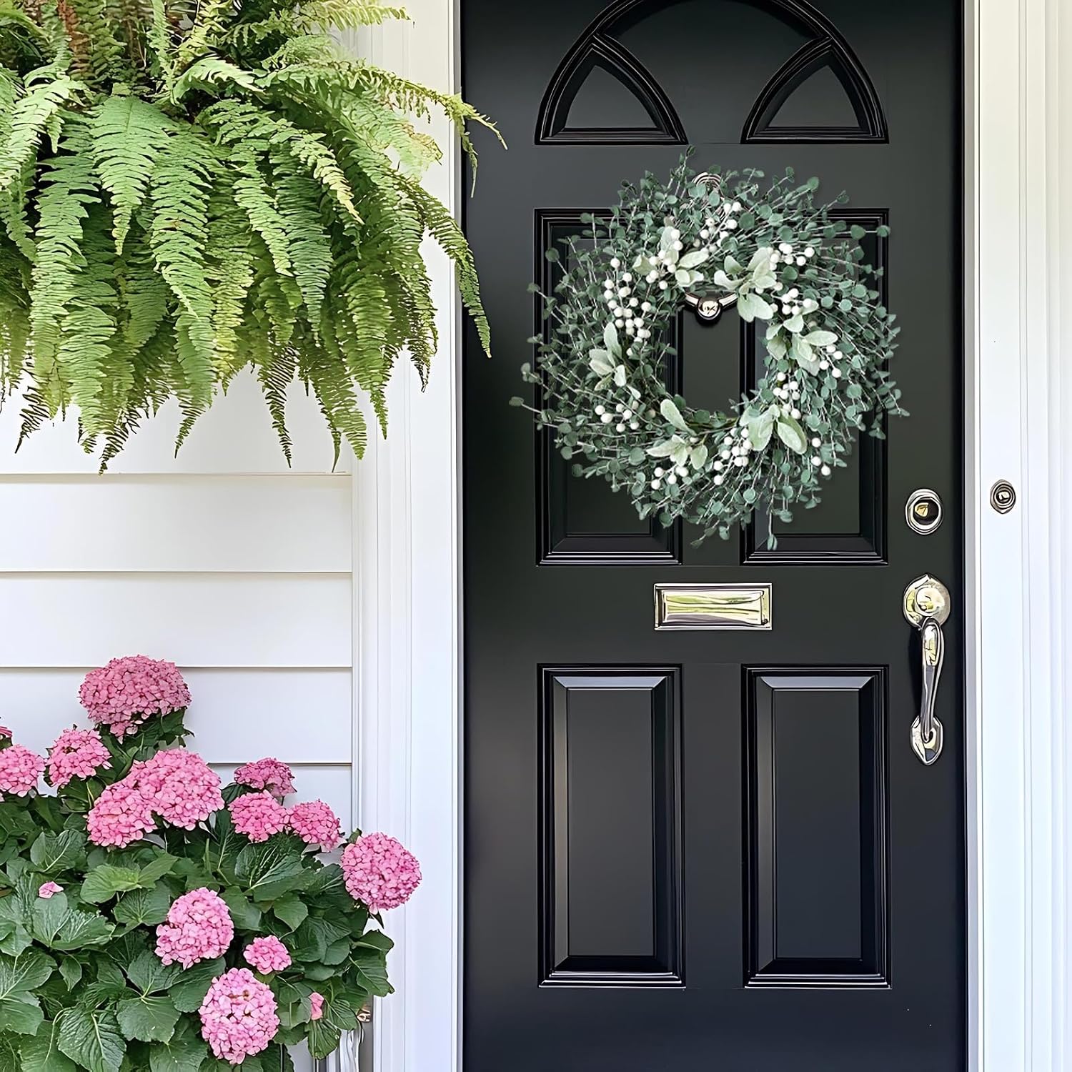 Jasuline 24 Inch Eucalyptus Wreaths for Front Door - Summer Spring Boxwood Greenery Leaves Wreath with Lambs Ear & White Berries, All Season Outdoor Hanging Decor for Indoor Porch Window Wall