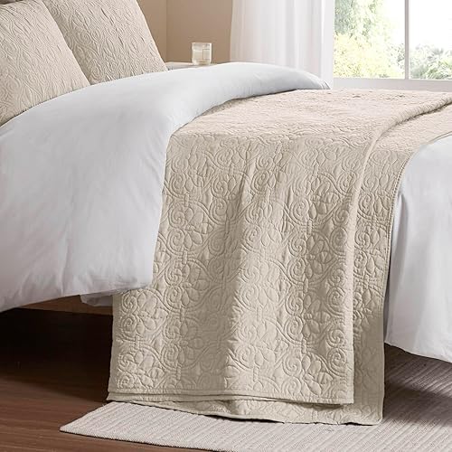 Miniatura 11 de Madison Park Quebec - Colcha acolchada reversible estilo damasco, ideal para todas las estaciones, juego de cama de colcha ligera y fundas a juego,