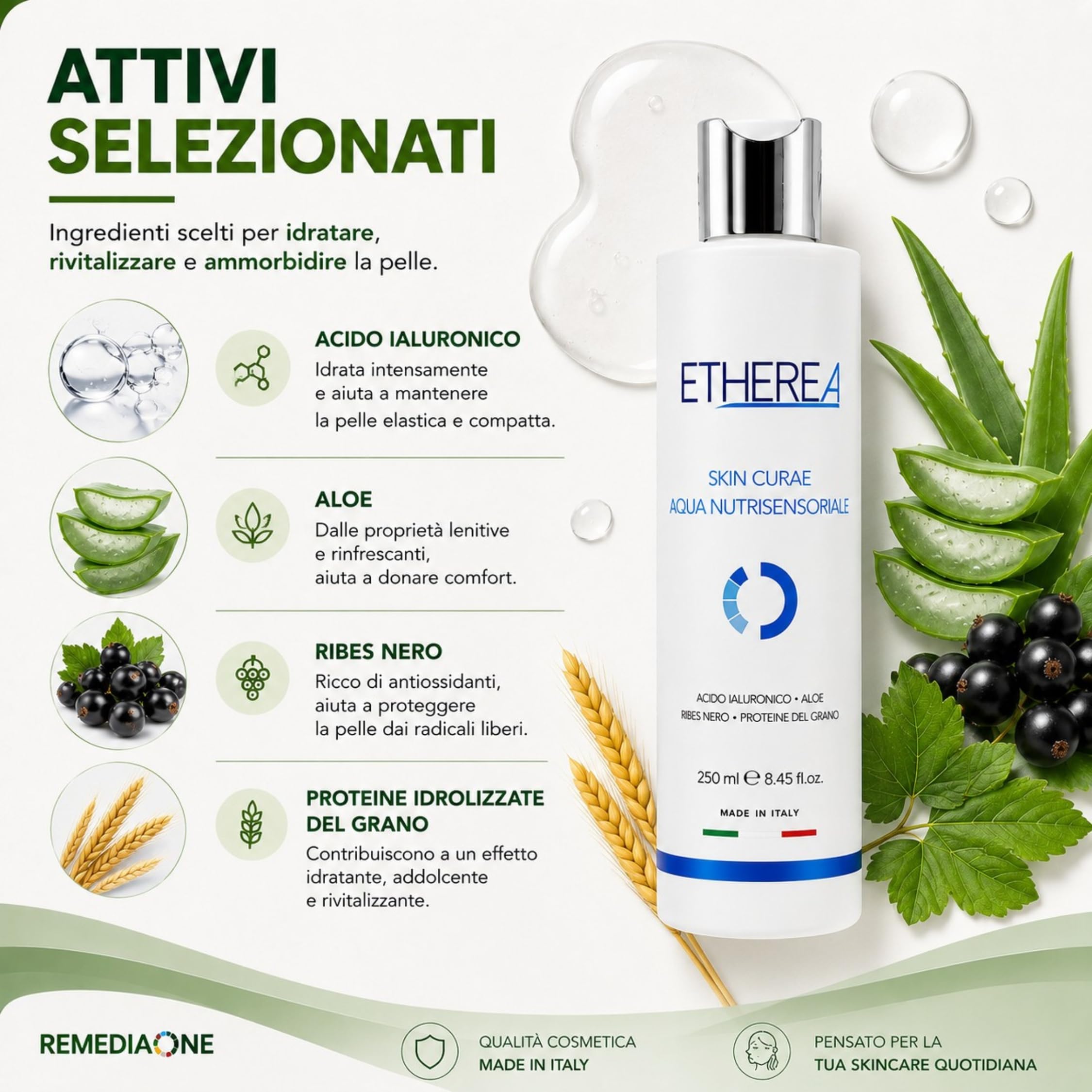 REMEDIA ONE Etherea Tonico Viso Acqua Nutrisensoriale, Ricarica 1 Litro | Face Toner, Acido Ialuronico, Aloe e Ribes Nero, Senza Alcool, Nichel Tested, Tutti i tipi di pelle, Made in Italy