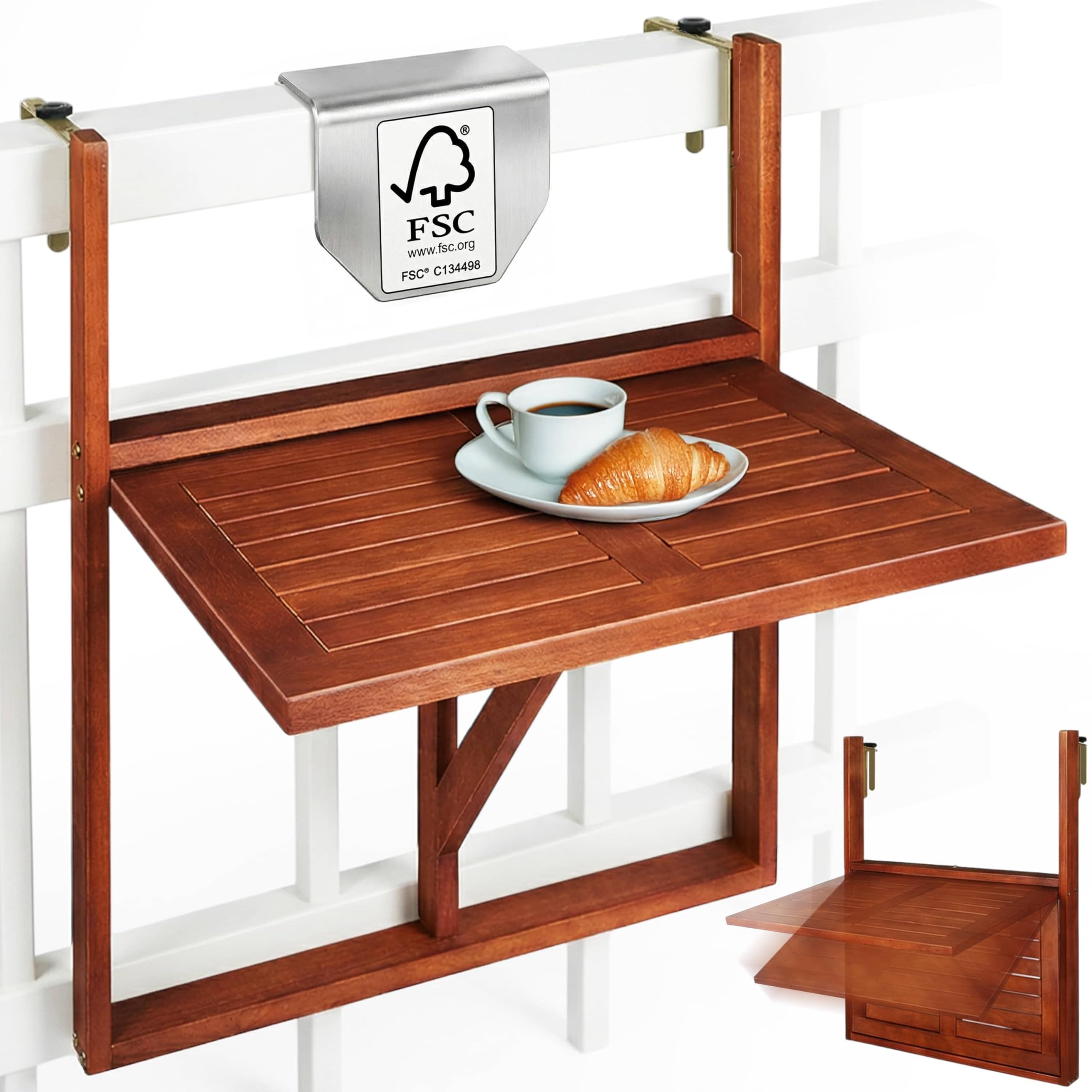 CASARIA® Balcony Hanging Table | Foldable | FSC®-Certified Acacia Wood | 64x45cm | Hanging Balcony Planter Table For Railing | Fence Shelf for Garden Porch Patio Balcony