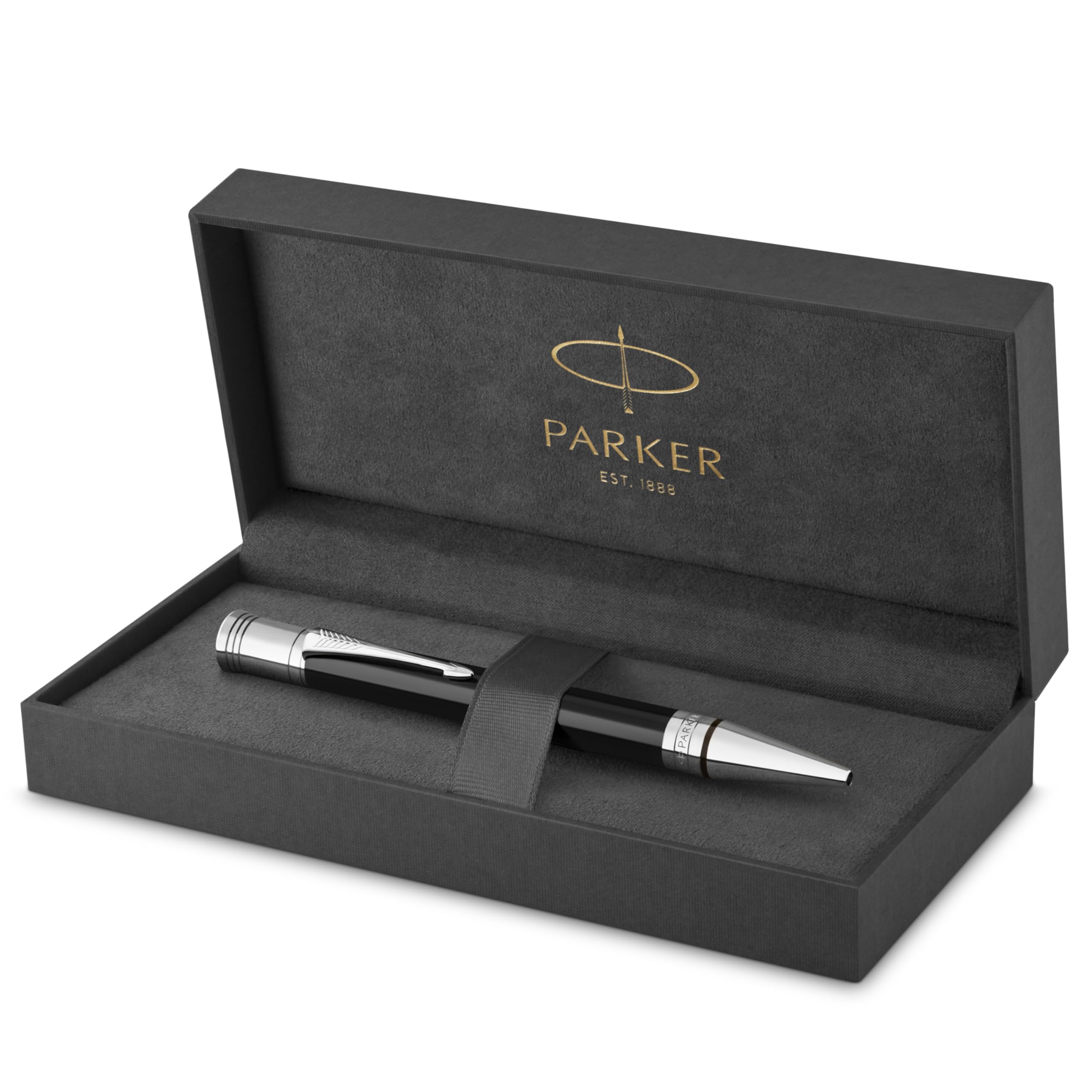 PARKER Duofold Ballpoint Pen, Classic Black with Palladium Trim, Medium Point Black Ink Refill