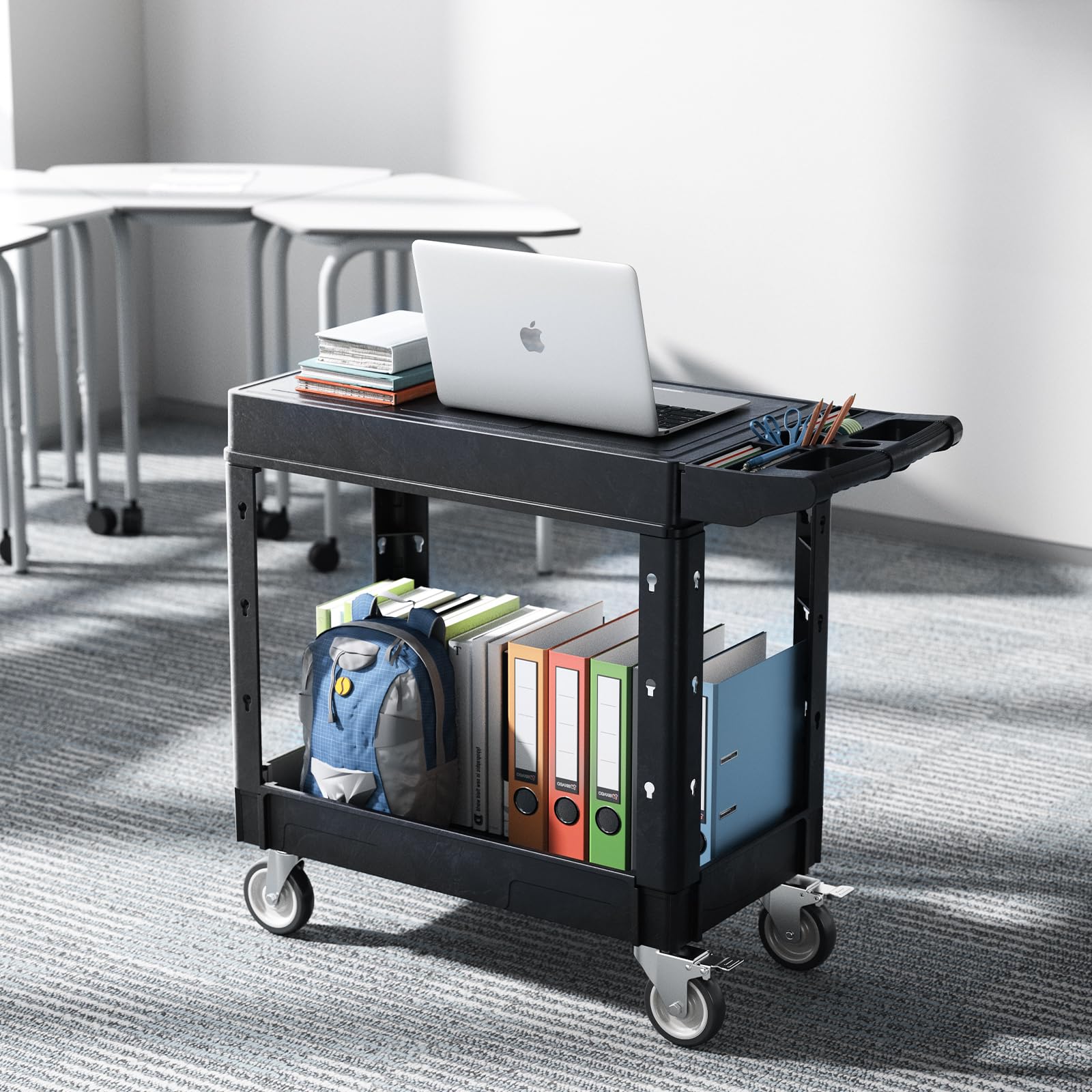 VEVOR Carrello Portaoggetti in Plastica Resistente a Due Ripiani con Ruote Girevoli a 360° Carrello di Servizio da 795 x 450 mm Capacità di Carico di 250 kg Adatto per Magazzino, Garage, Pulizia