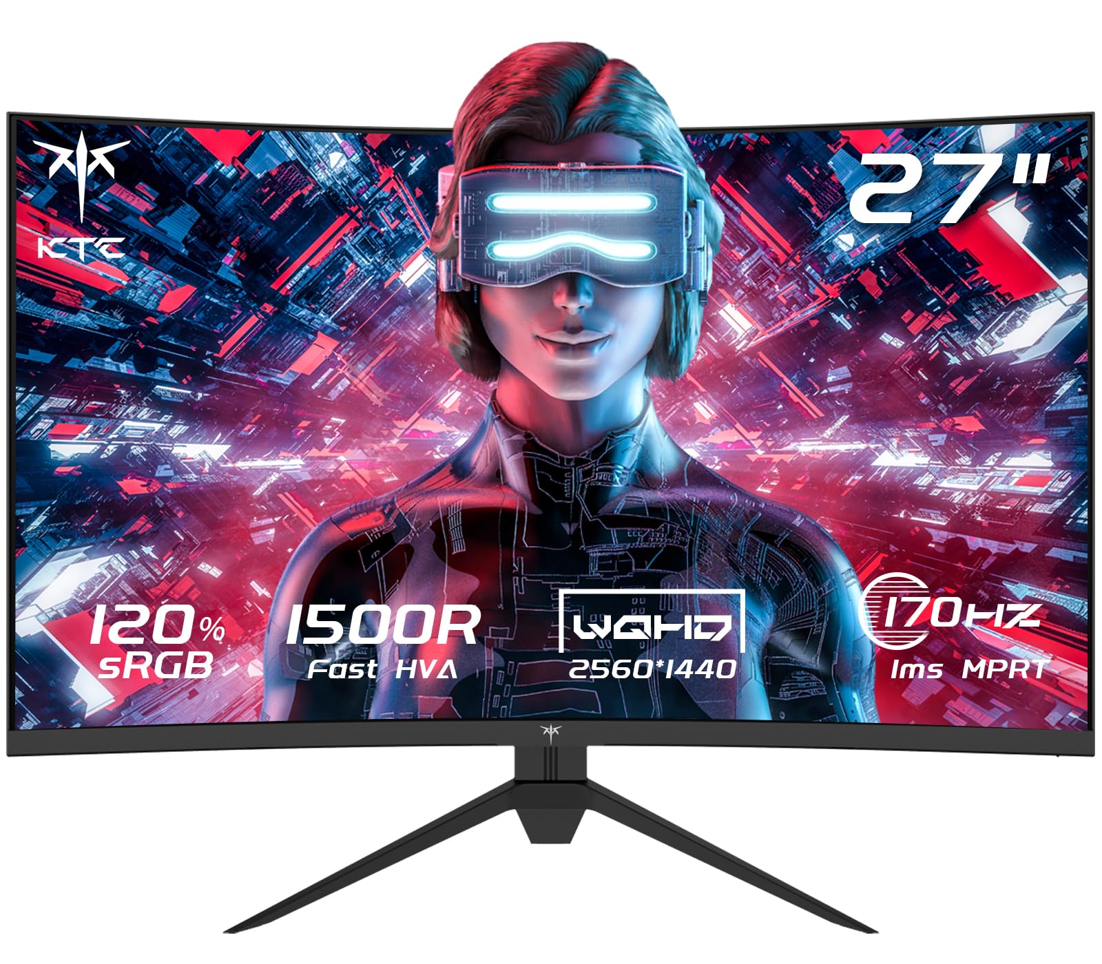 KTC Monitor Gaming Curvo 27 Pollici, 170Hz, 2K QHD 2560 x 1440p Schermo PC, VA 1500R Senza Cornice, 1ms, HDR, 165Hz 144Hz Computer Monitor con FreeSync & G-sync, Eye Care, VESA, DP, HDMI, H27S17
