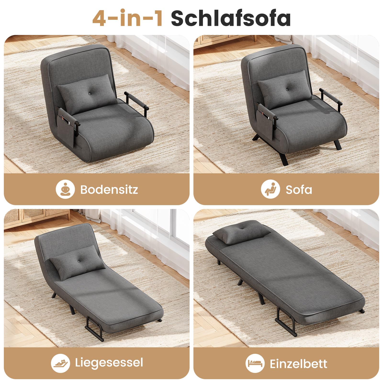 YOUDENOVA Schlafsessel 4 in 1 mit Bettfunktion, 150 kg belastbar, Schlafsofa mit 5-Fach Verstellbarer Rückenlehne, Sofa mit Aufhängetasche, Schlafcouch, Gästebett, Klappsofa, 184 × 63 cm, Dunkelgrau