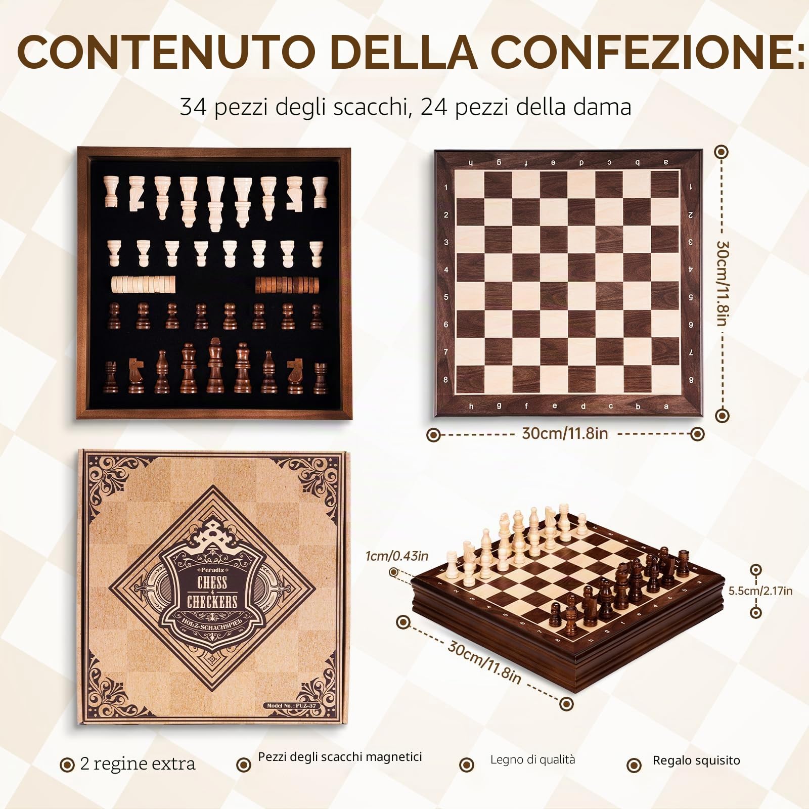 Peradix Magnetico Scacchiera in Legno con Coperchio Amovibile, Gioco di Scacchi e Dama 2-in-1 con Pezzi, Regalo Tradizionale per Adulti e Bambini