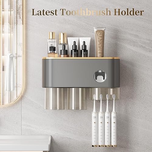 Miniatura 3 de Soporte para cepillos de dientes mejorado con dispensador de pasta de dientes, exprimidor automático de dientes para baño, montado en la pared,