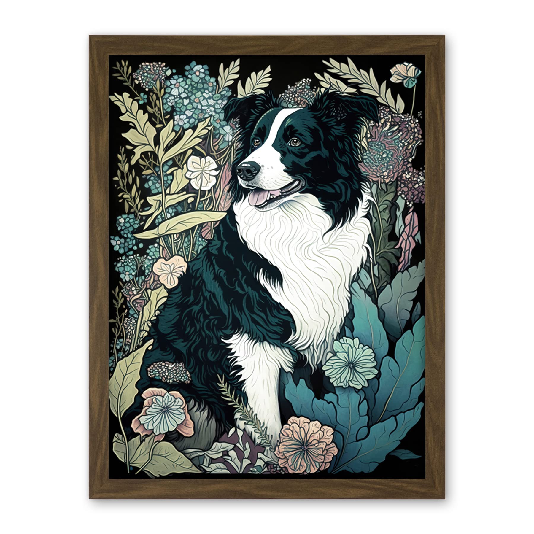 Artery8 Border Collie Dog in Wildflower Field Modern Illustration Artwork Framed Wall Art Print 18X24 Inch
