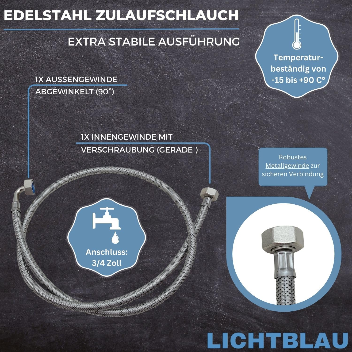 LICHTBLAU Knickfester Edelstahlschlauch Zulaufschlauch I 1m I 3/4 Zoll | Panzerschlauch für Waschmaschine & Geschirrspüler, Winkel/Gerade inkl. Dichtung