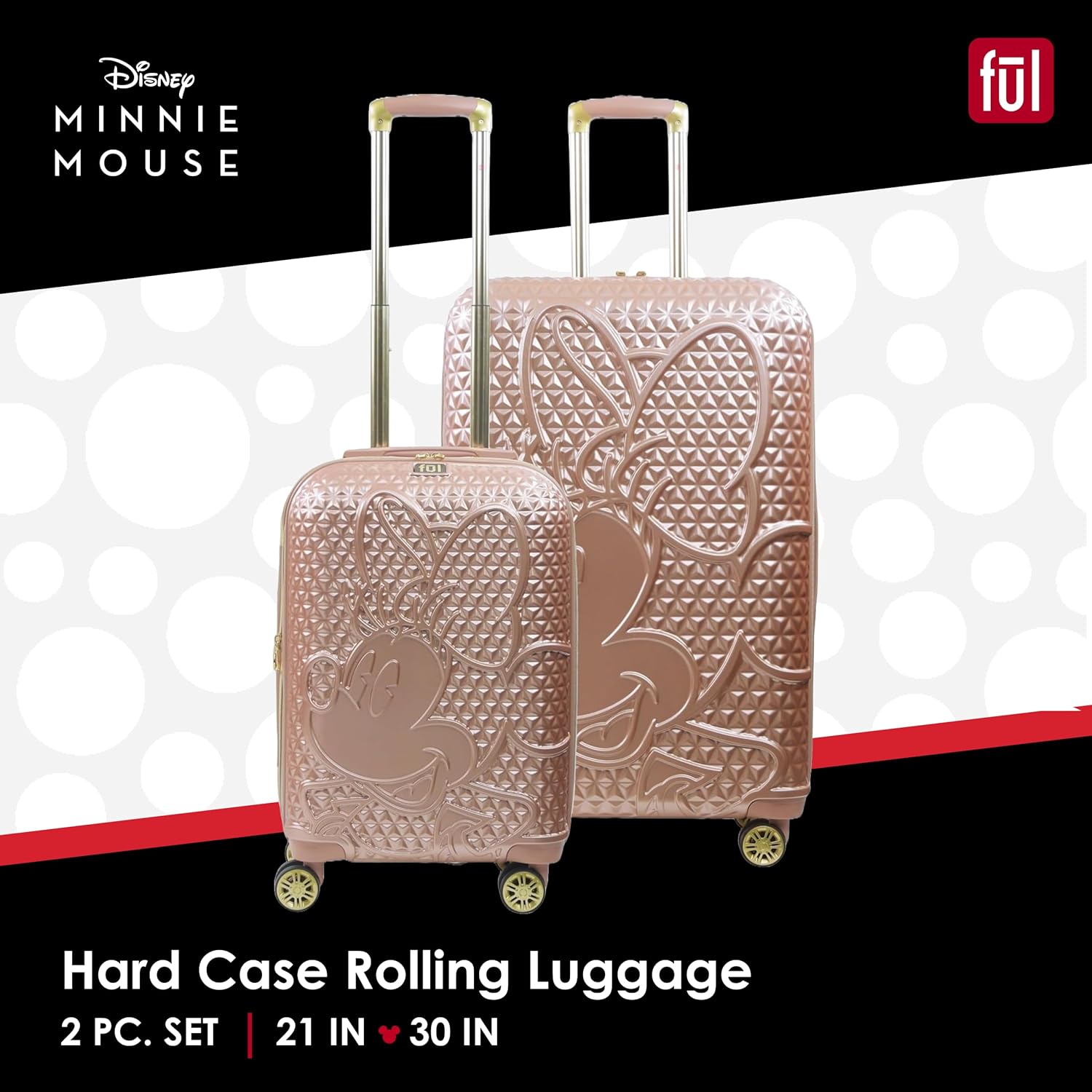 FUL Disney Minnie Mouse 2 Piece Rolling Luggage, Hardside Suitcase with Spinner Wheels, 22 and 30 Inch, Rose Gold