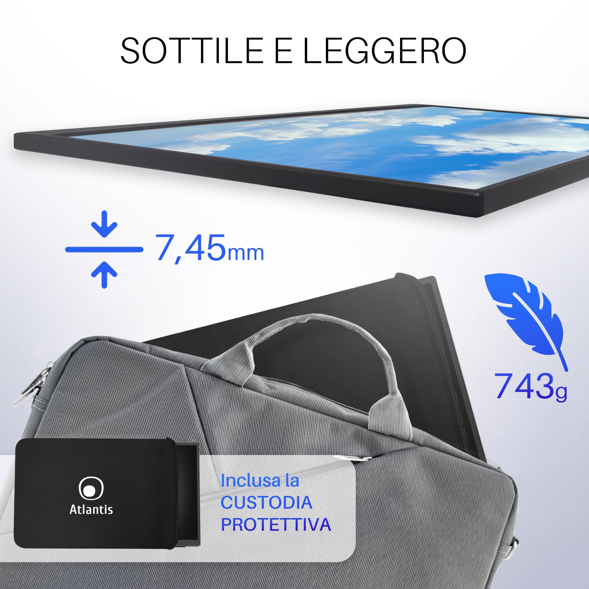 Atlantis Monitor Portatile 16” IPS Full HD, HDMI/USB-C, sotto 1 kg | Speaker 2x1W, inclinazione regolabile, per notebook, console e Switch, cavi inclusi, cod. A05-P156WP