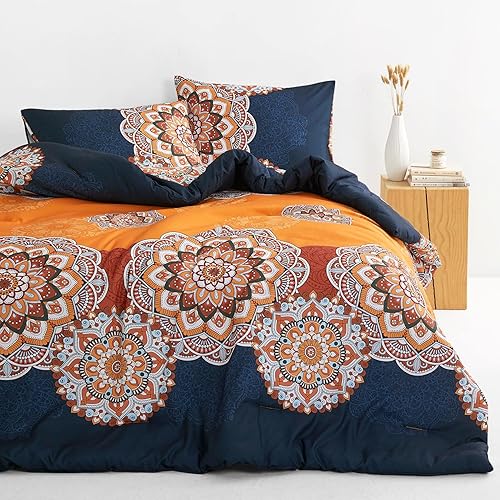 Miniatura 7 de Wake In Cloud - Juego de edredón bohemio, estampado de medallón floral de mandala azul fucsia, ropa de cama de microfibra suave (3 piezas, tamaño
