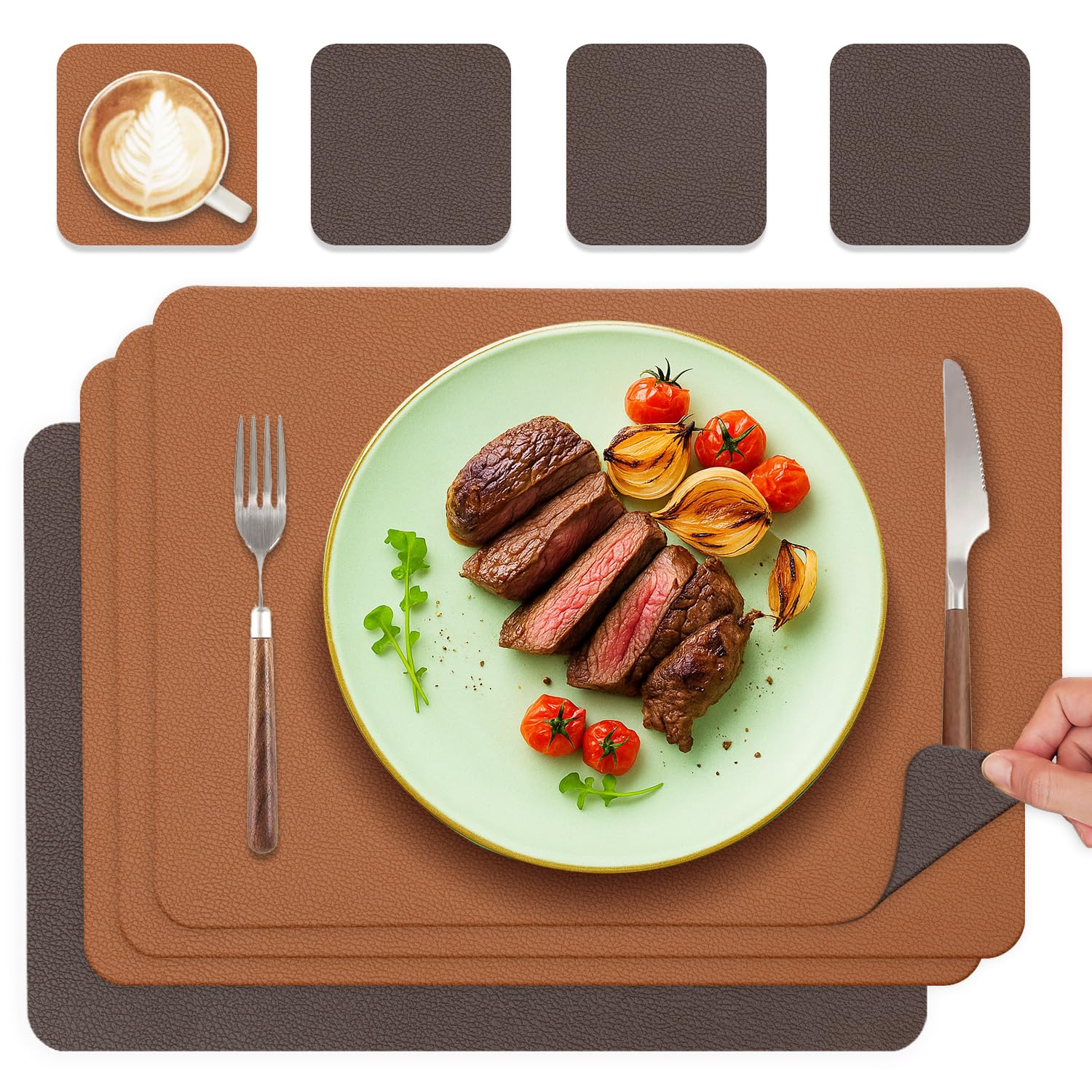 Tischsets Abwaschbar und Untersetzer, Platzset Leder Platzdeckchen Abwaschbar Doppelseitigen Tischsets Umkehrbares Tischset rutschfest Lederoptik