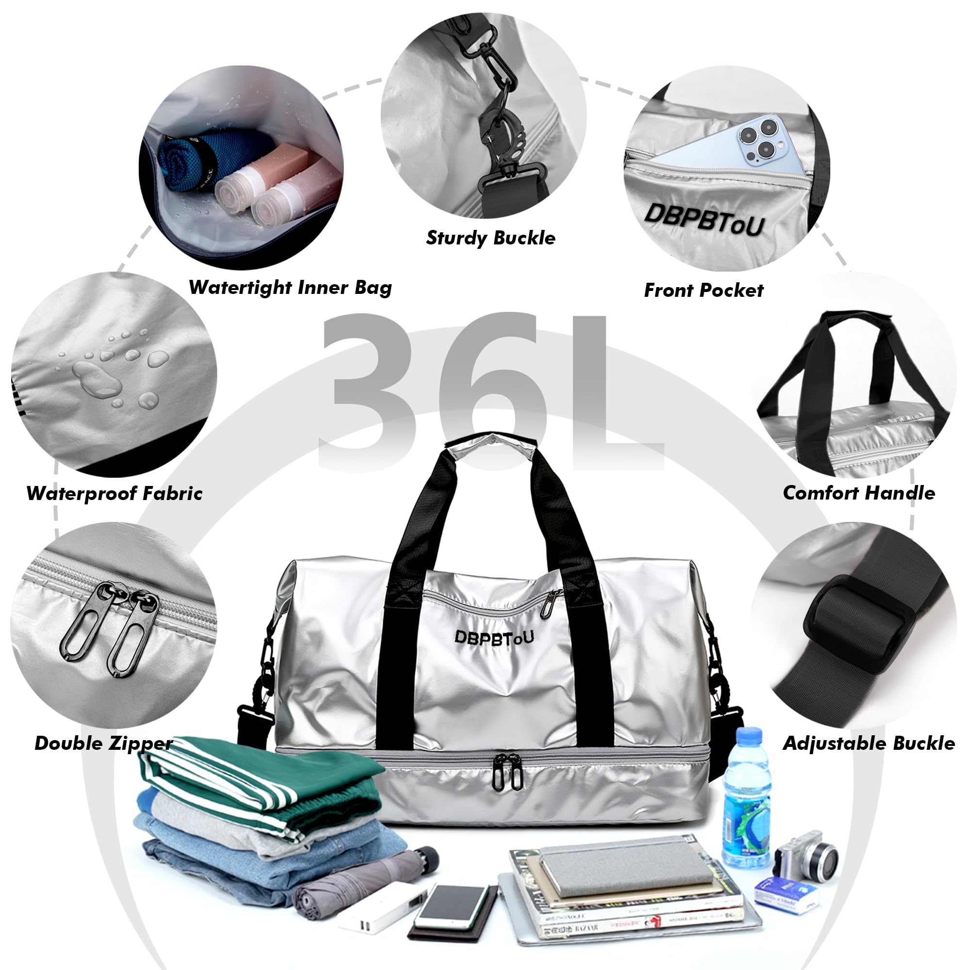 Borsone Palestra Donna con Scomparto per Scarpe, Borsone da Viaggio Impermeabile per Donna Borsa Palestra Grande Elegante con Scomparto Umido (Argento)