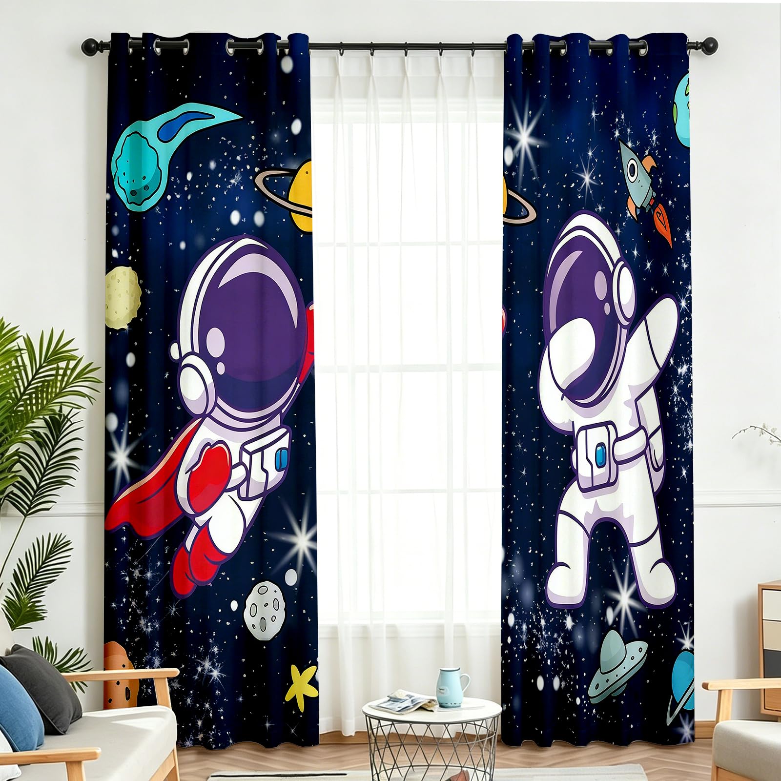 Lot De 2 Rideau Astrronaut, Rideaux Astrronaut, Occultants, Isolants Thermique et Phonique, avec Œillets, Décoration pour Chambre et Salon, 120 * 140 cm